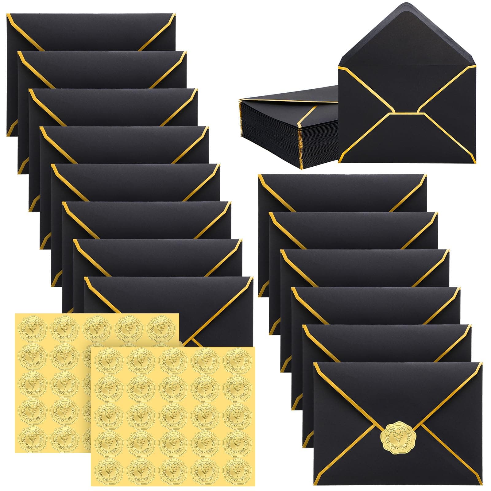 Teling 50 Pcs A7 Envelopes 5 x 7 Card Envelopes and 50 Pcs Gold Embossed Wax Seal Envelopes Self Adhesive V Flap Envelopes with Gold Border for Graduation Invitation Wedding Greeting (Black)