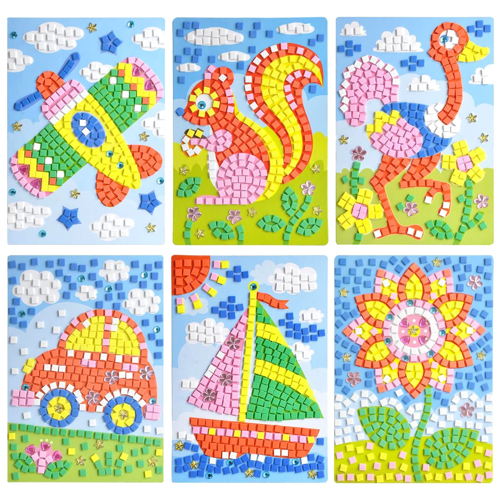 Mosaic Sticker EVA DIY Handmade Art Kits for Kids - Sunflower, Woodpecker, Hot Air Balloon, Butterfly, Giraffe, Sailboat