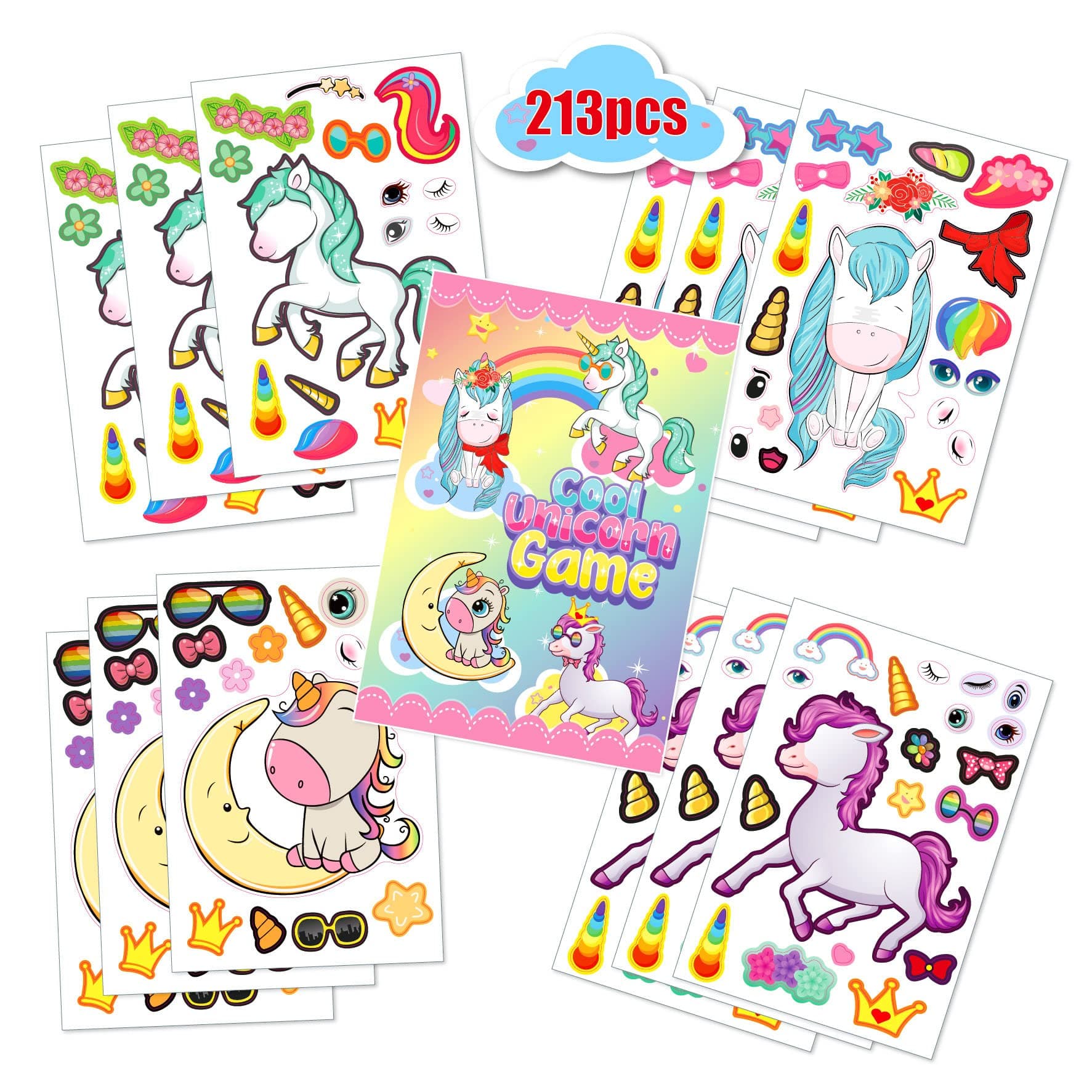 RRONGKids Toddlers Reusable Sticker Books, Window Clings Laptop Stickers Vinyl Stickers for Kids,Durable and Non-Adhesive,Waterproof Educational Learning Toys,Early Educational Sticker Toy (Unicorn)