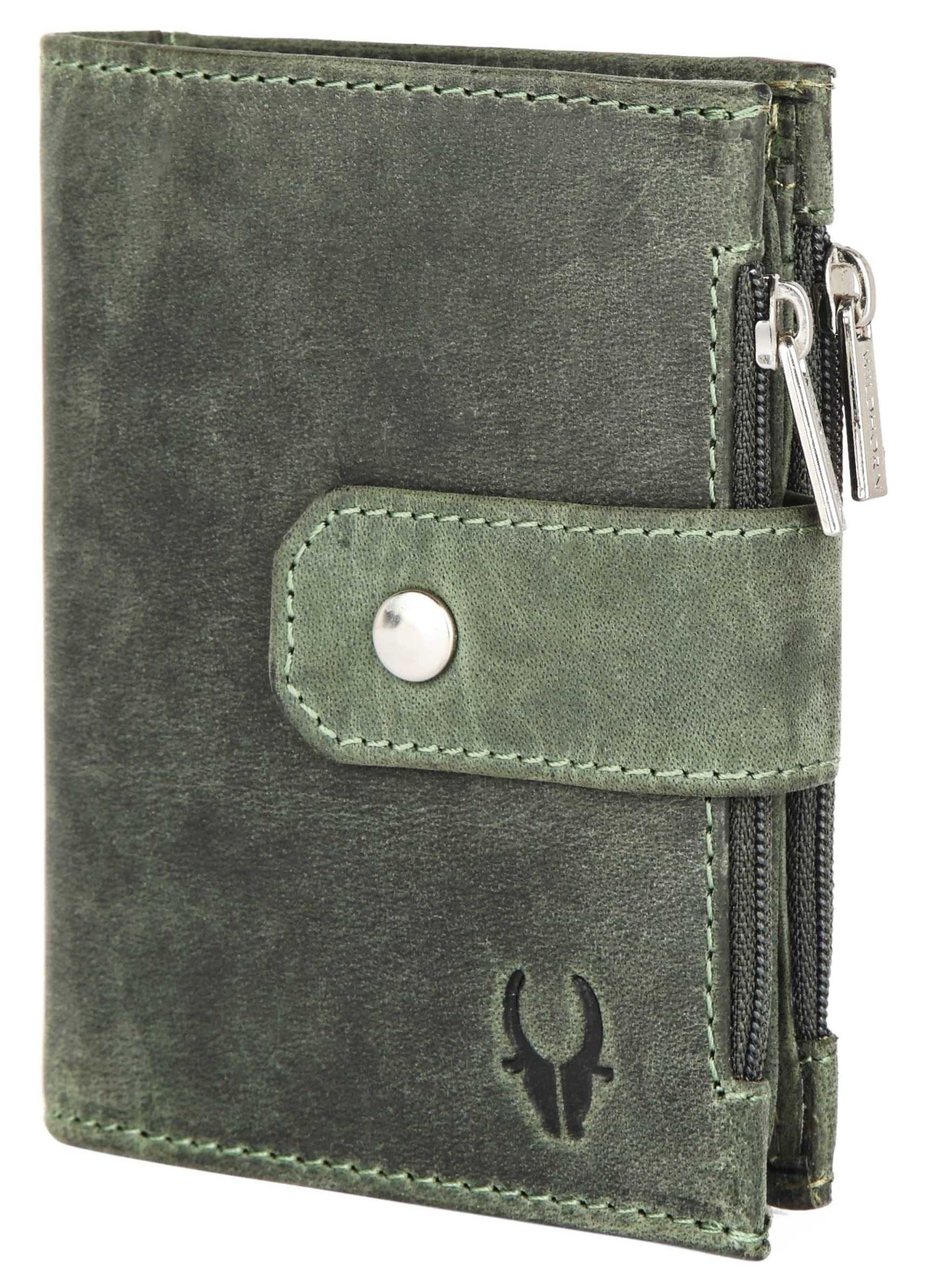 Top Grain Leather Wallet for Men | Loop Closure | Ultra Strong Stitching I Zip Compartments with11Card Slots | 1 ID Window (Green Hunter)