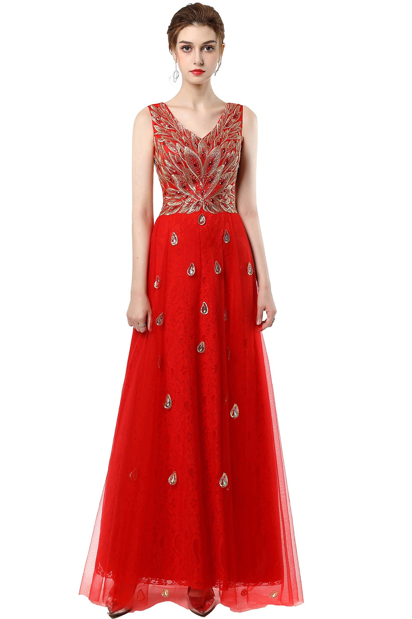 MissFay Luxury Applique Evening Dress for Women Formal Long Prom Dress Red 6