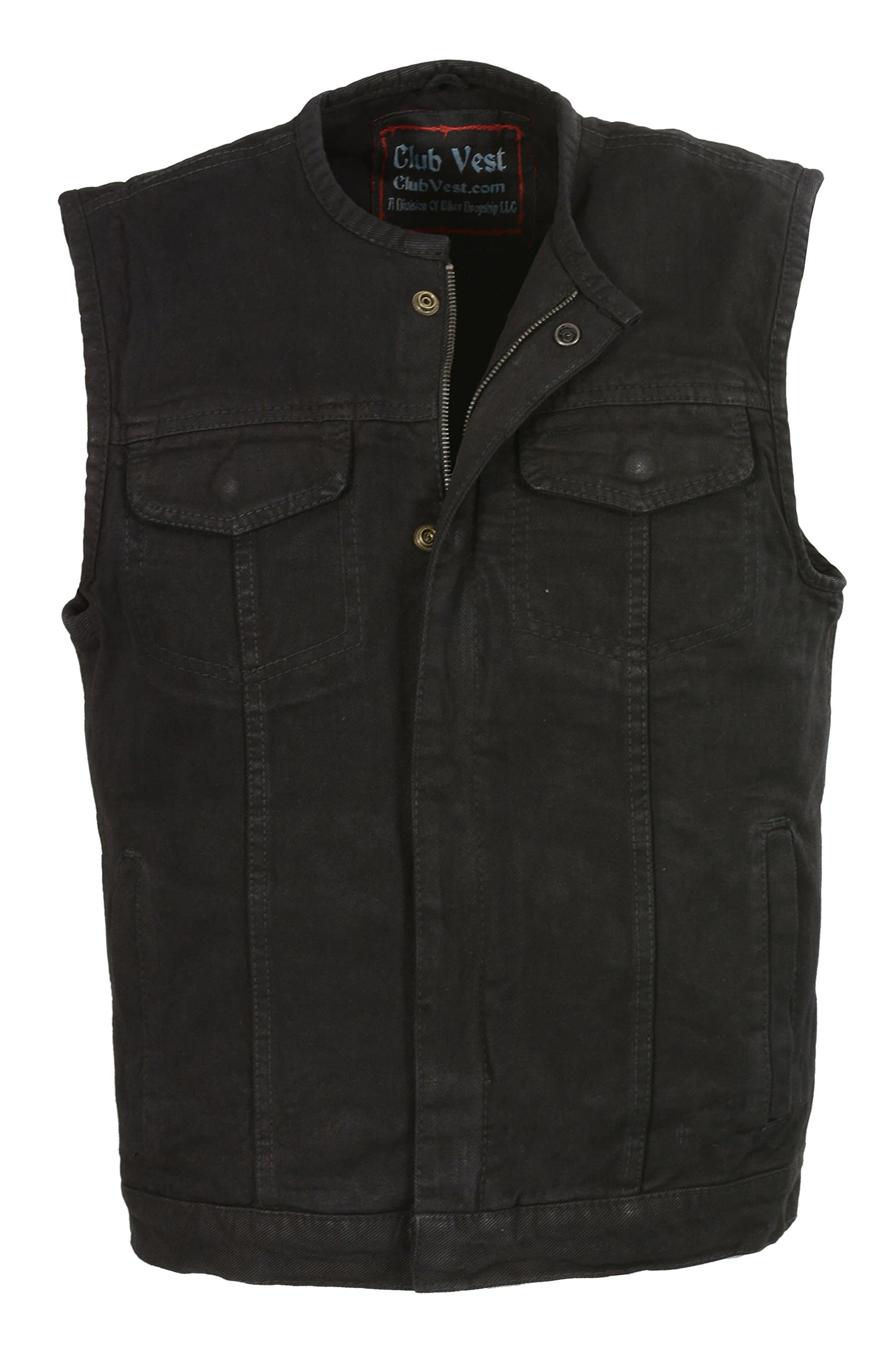 Club Vest-Men's Collarless Denim Club Vest w/ Hidden Zipper (Black, Large), 1 Pack