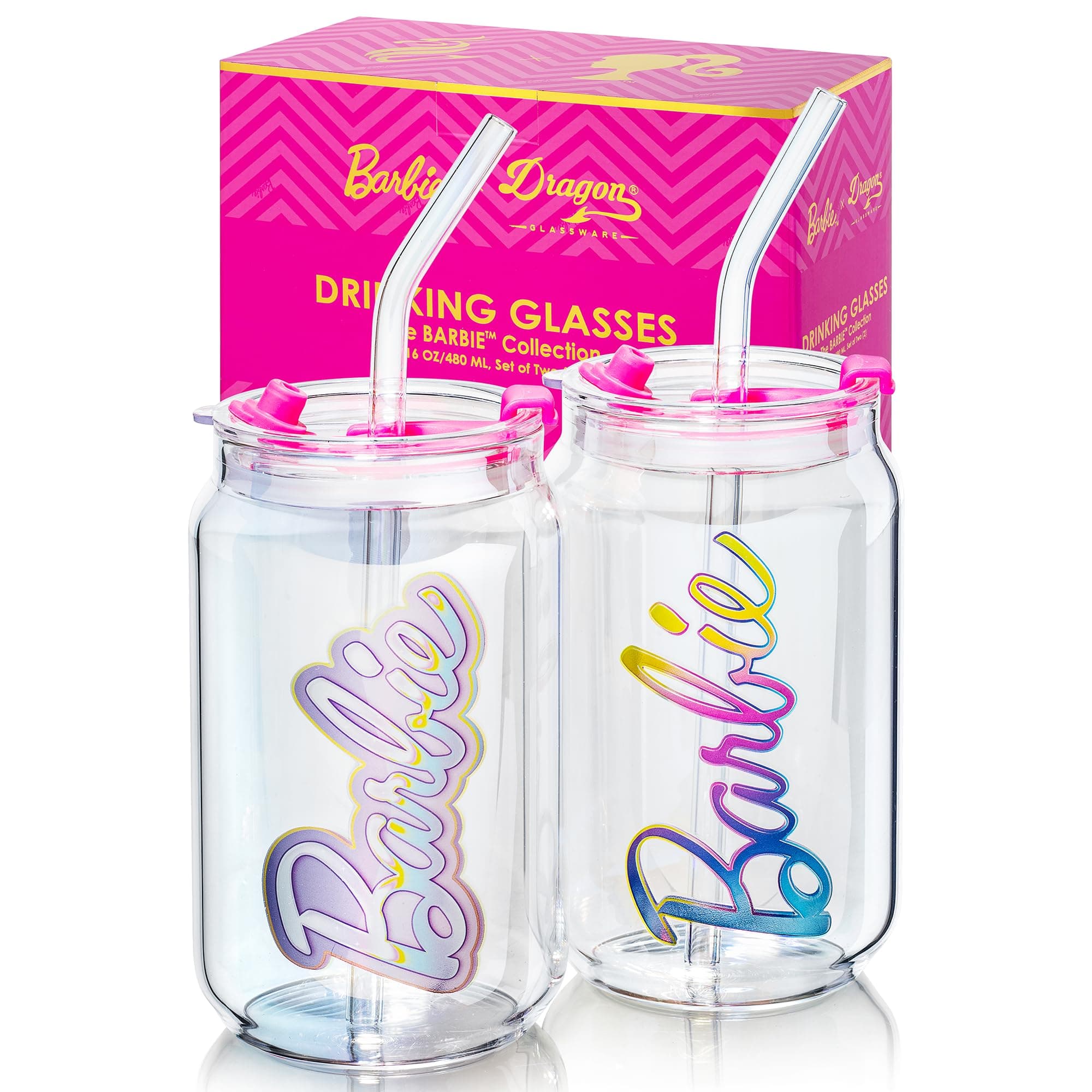 Dragon Glassware x Barbie - 16 oz Glass Cups with Lids and Straws, Set of 2 - Iced Coffee Cups with Lids - Versatile Glass Tumbler with Straw and Lid for Hot or Cold Drinks - Aura Barbie