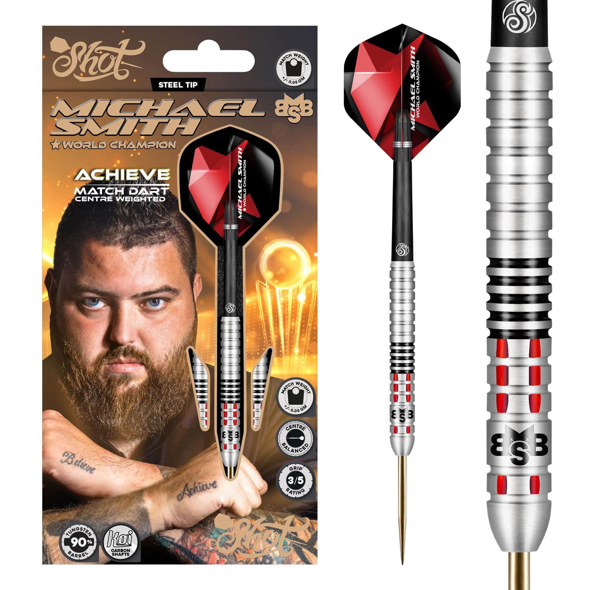 Shot! Darts Michael Smith Achieve Center Weighted 90% Tungsten Pro Throwing Darts Steel Tip Set Professional Made in New Zealand Designed Dart Flights for Women & Men Metal Tip Bar Darts for Adults