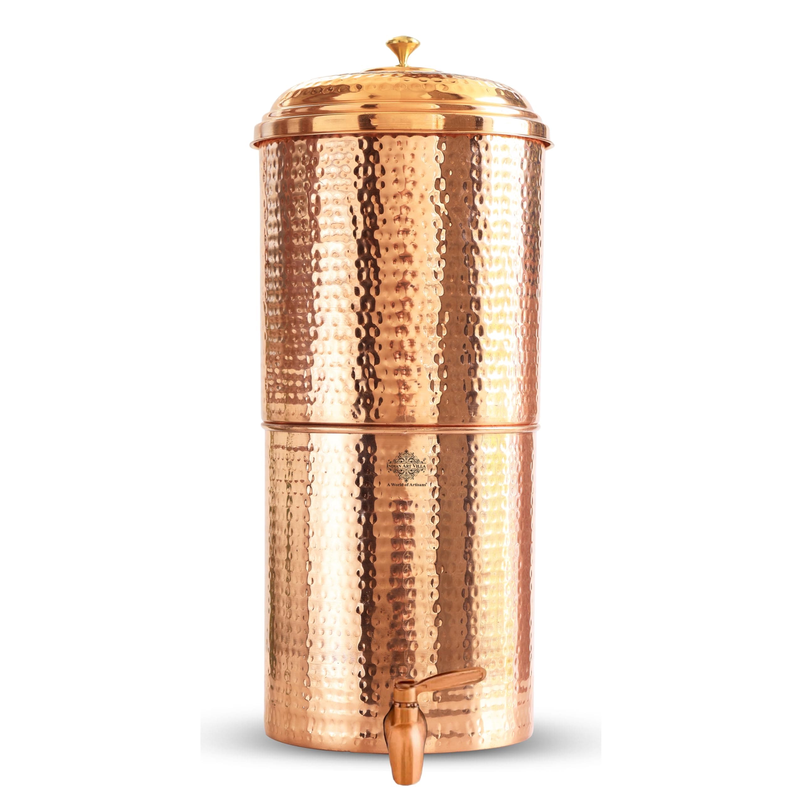 Indian Art Villa Copper Hammered Design Filter Water Dispenser Pot with Double Filter Candle Inside, 10+10 Capacity, Only 10 Liters Usable for Drinking Water