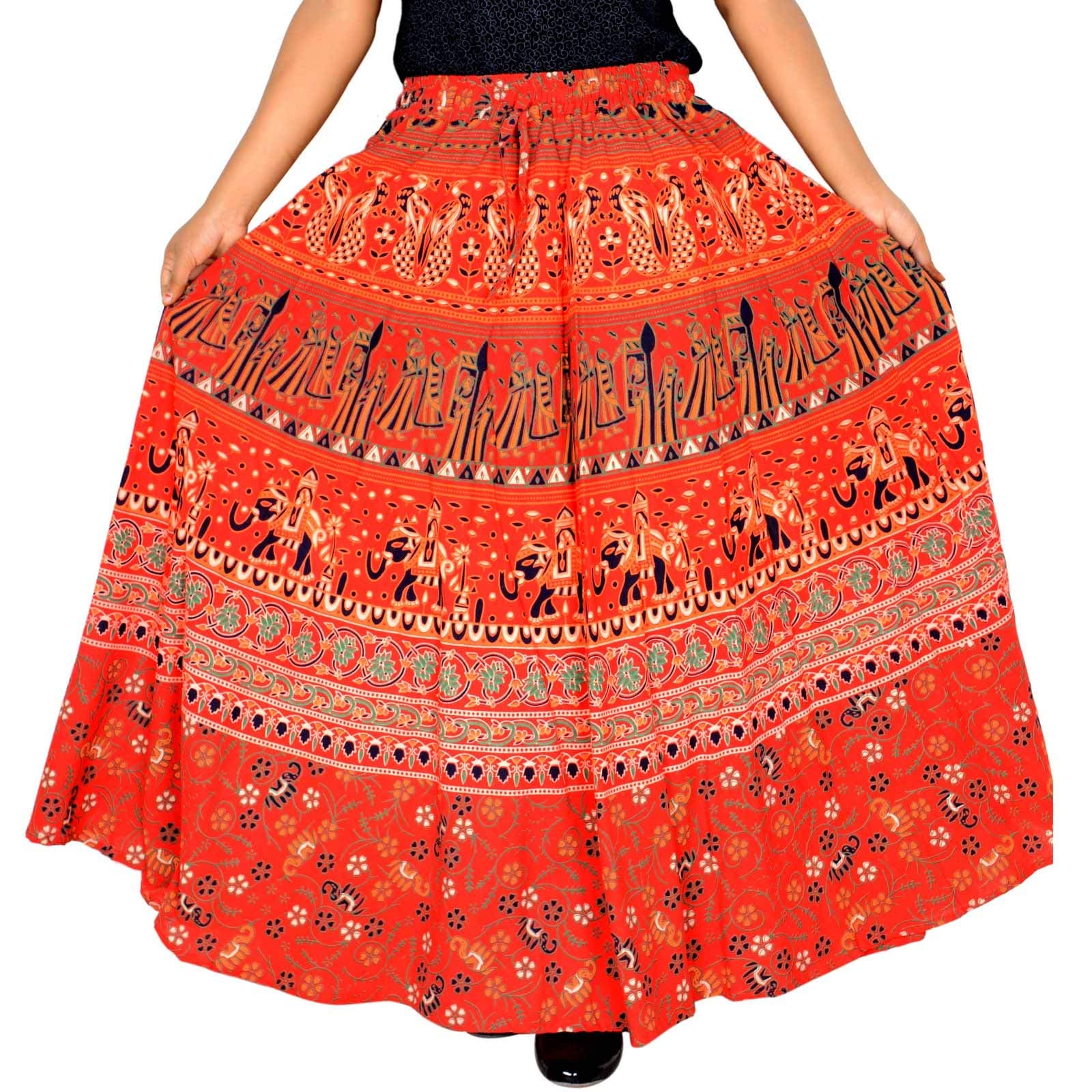SttoffaBelly Dance Hippie Skirt Ethnic Style Cotton Elastic Band Skirt Size 2XS Orange 36 Length Skirt D7