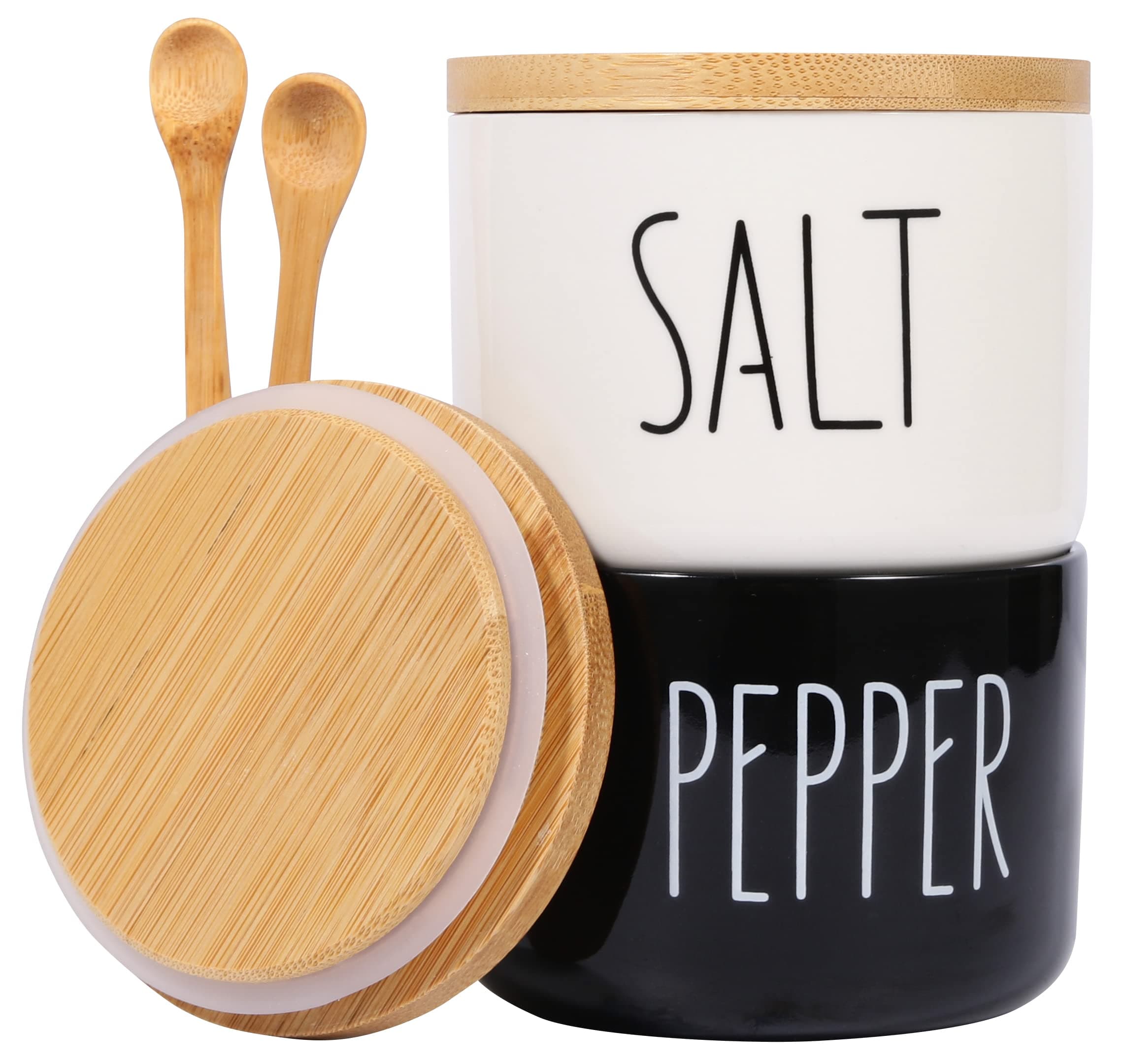 Farmhouse Salt And Pepper Bowls,Stacked Ceramic Salt Cellar With Bamboo Lid, Salt Container With Lid And Spoon, Modern Farmhouse Kitchen Decor, Salt Box, Spice Box(BLACK AND WHITE)