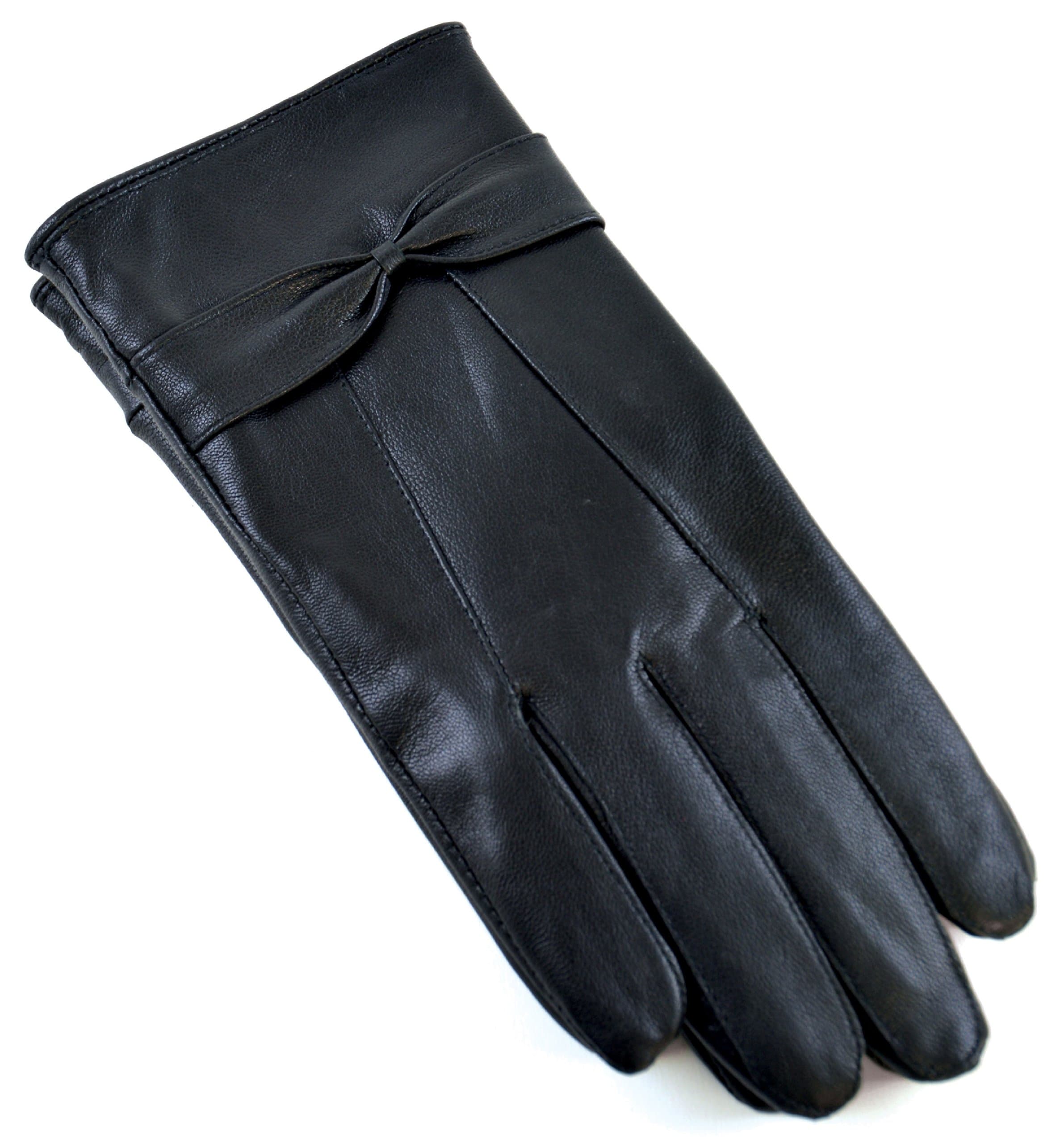 RJM Ladies Lined Black Sheepskin Leather Gloves With Bow Size S/M