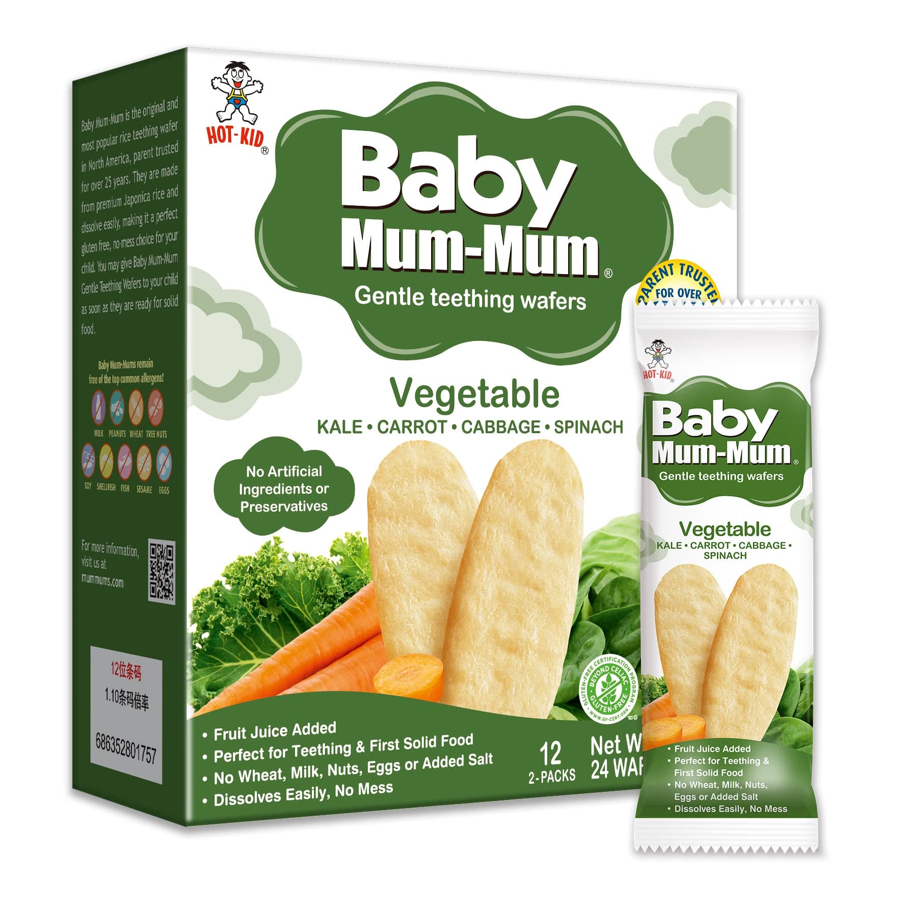 Hot-Kid Baby Mum-Mum Rice Rusks, Vegetable, 24 Pieces (Pack of 6) Gluten Free, Allergen Free, Non-GMO, Rice Teether Cookie for Teething Infants