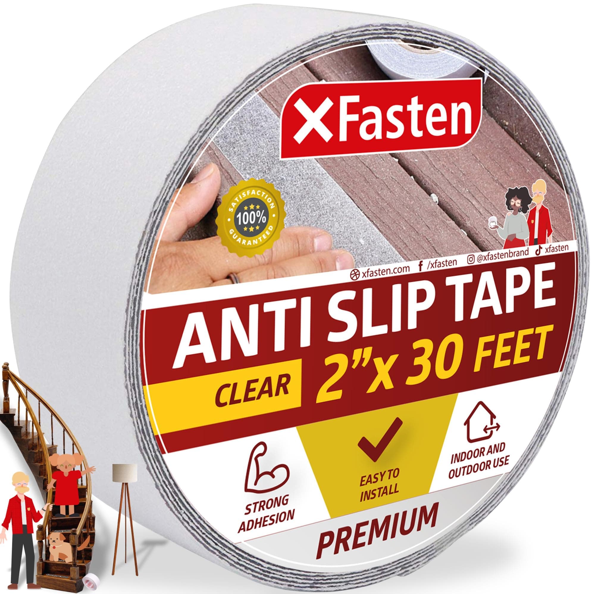 XFastenClear Anti Slip Tape for Stairs, 2-Inch x 30-Foot Traction Non Skid Tape for Steps Outdoor, Non Slip Grip Tape, Residue-Free and Surface-Safe