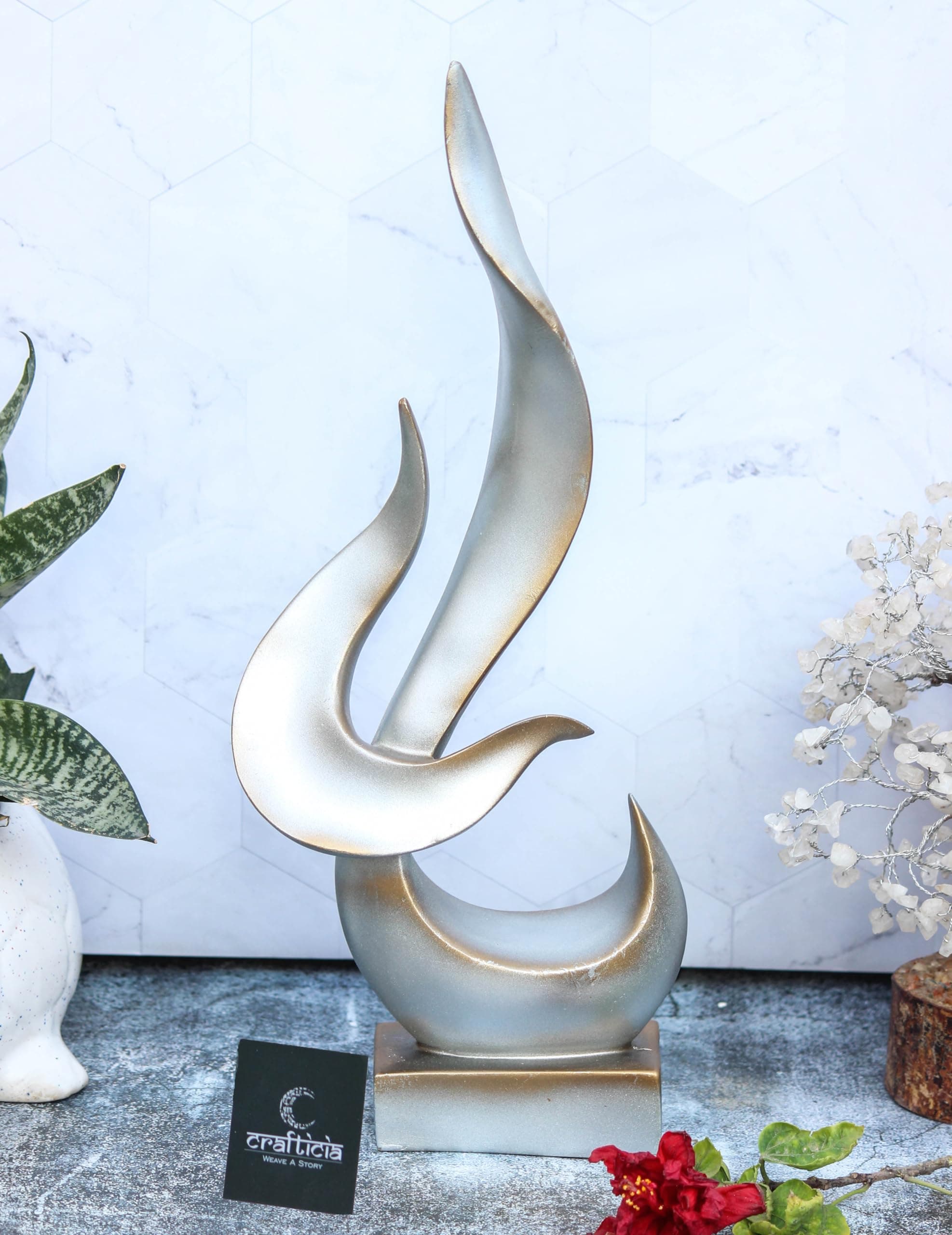 CRAFTICIA Resin Abstract Art Design Sculptures Love Couple Corporate Trophy Creative Showpiece (15 inch, Silver)