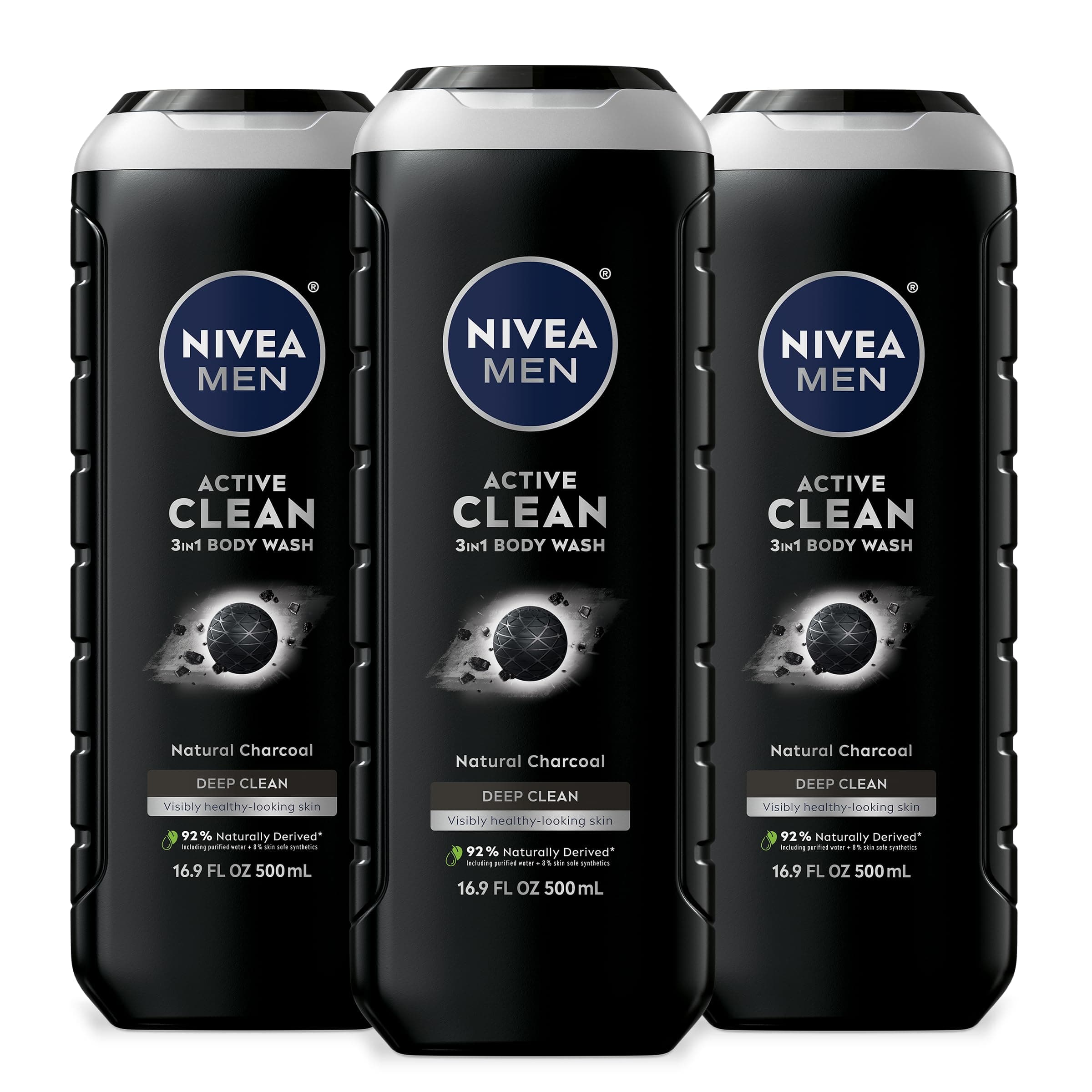 NIVEA Men Active Clean Body Wash, Natural Charcoal, 16.9 Fluid Ounce (Pack of 3)