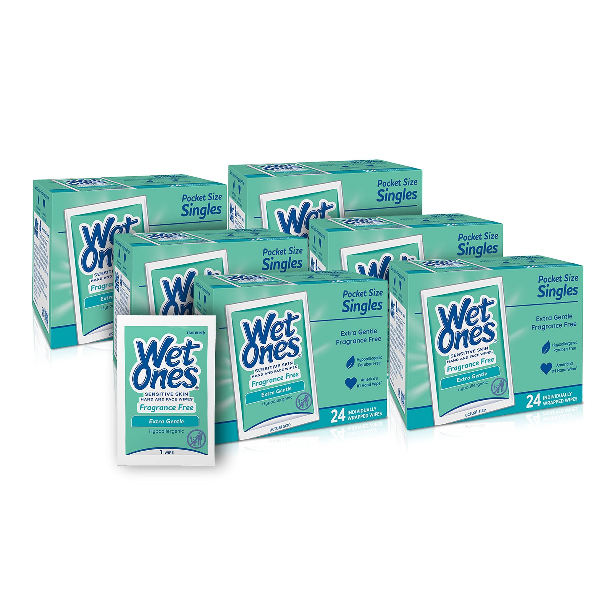 Wet Ones Sensitive Skin Hand and Face Wipes, Unscented, 24 Individually Wrapped Wipes (Pack of 6), Packaging May Vary