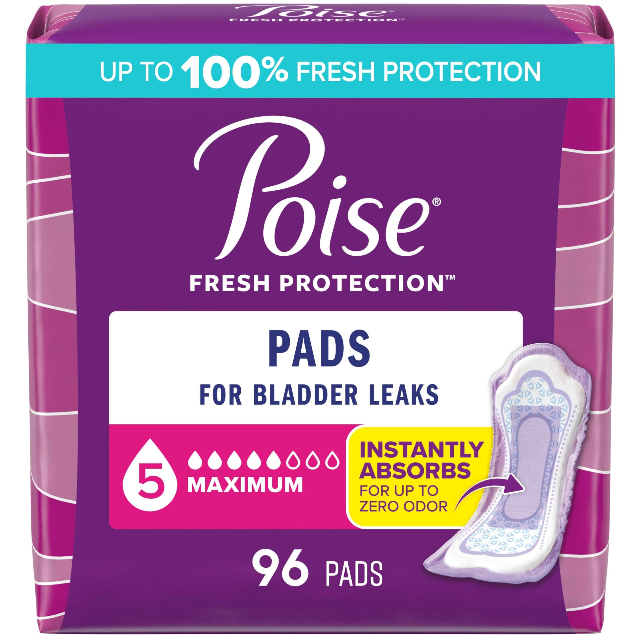 Poise Maximum Absorbency Incontinence Pads, Regular, 96 Count