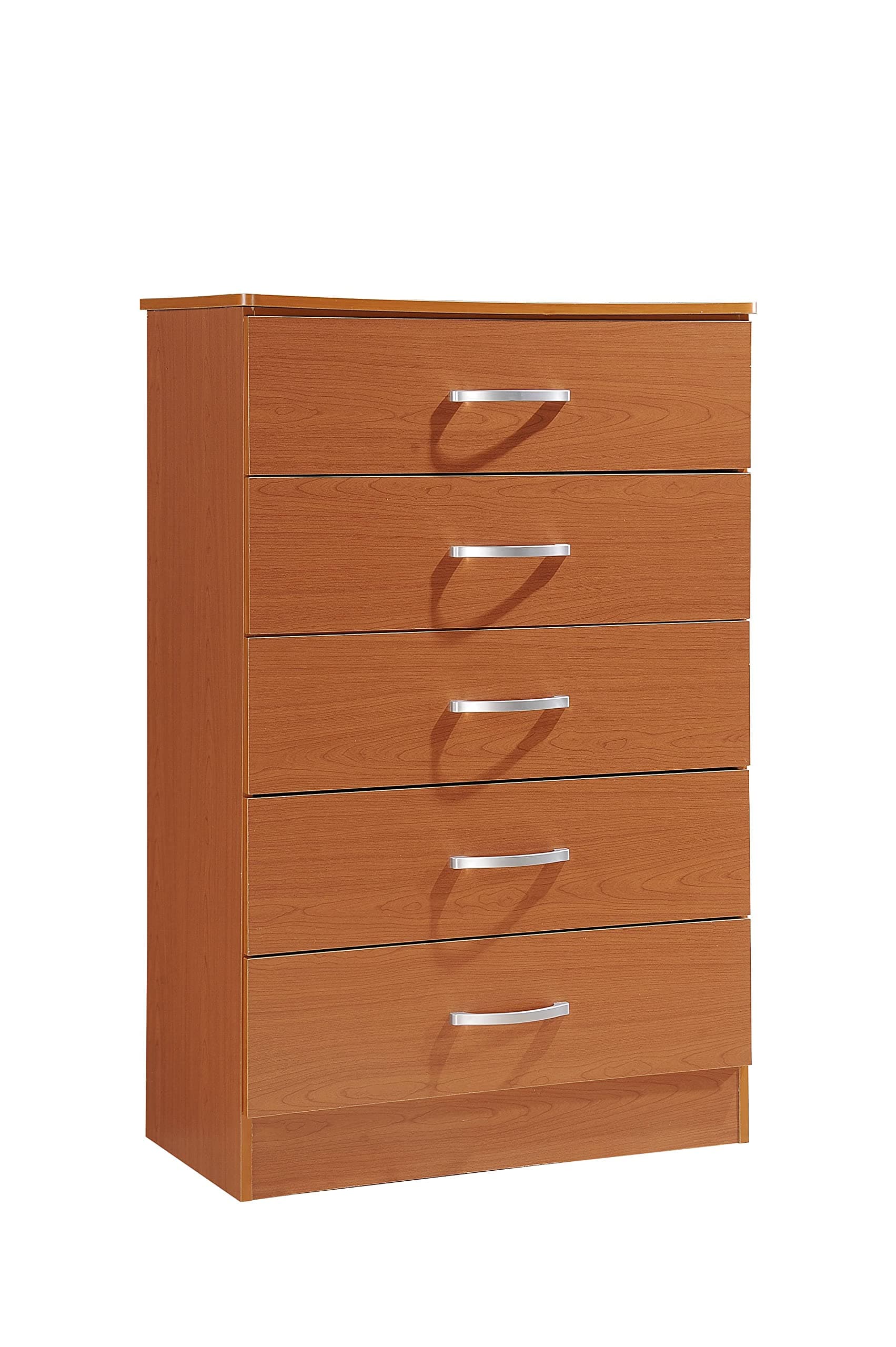 HODEDAH 5 Drawer Wood Dresser for Bedroom, Chest of Drawers with Metal Rails for Support when Storing Clothing, Cherry, 47.8x31.5 inches