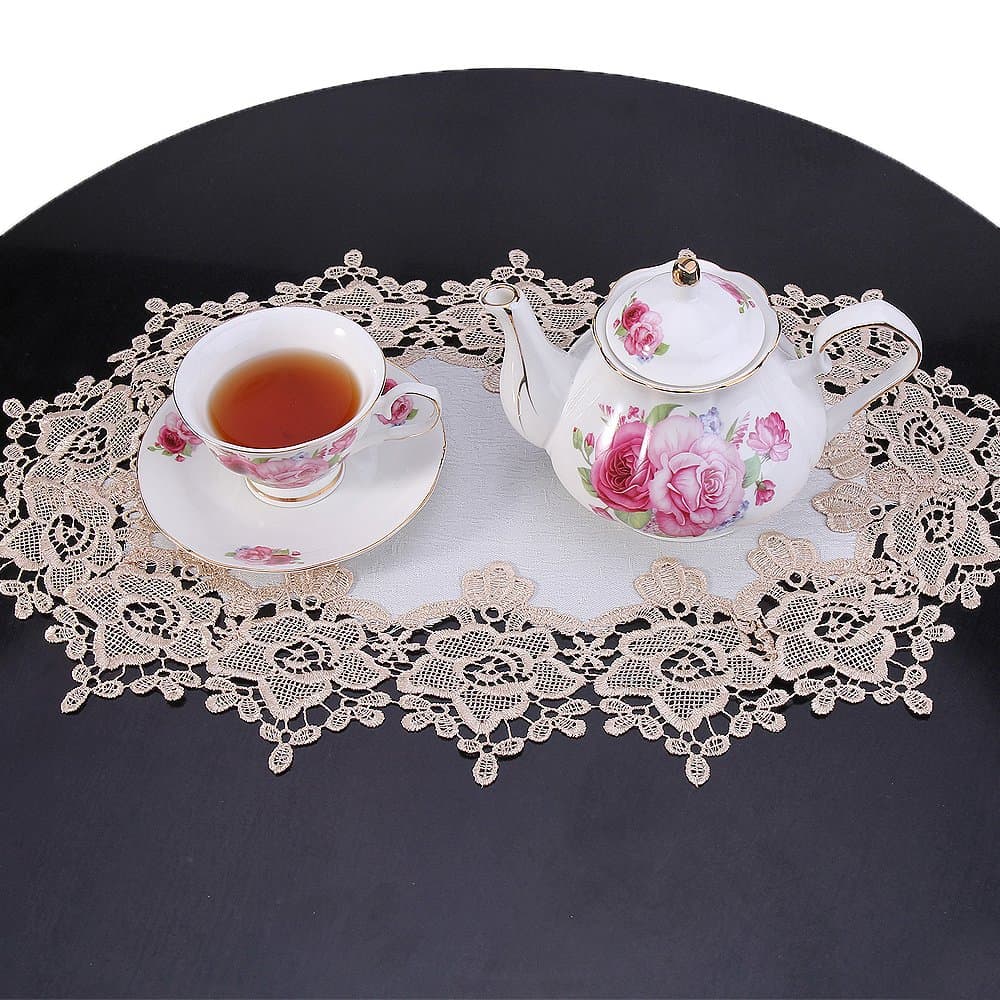Gold ROSE European Lace Doilies Set of 2 White Flower Scarf Place Mat 17 By 13 Inch
