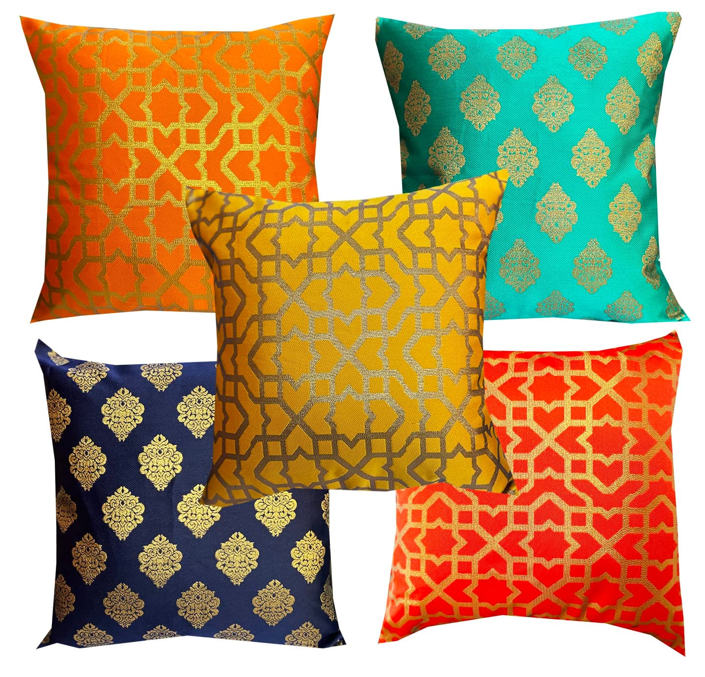 PINK PARROT Dupion Silk 150TC Cushion Cover, 16x16 Inch, Multicolour, Set of 5