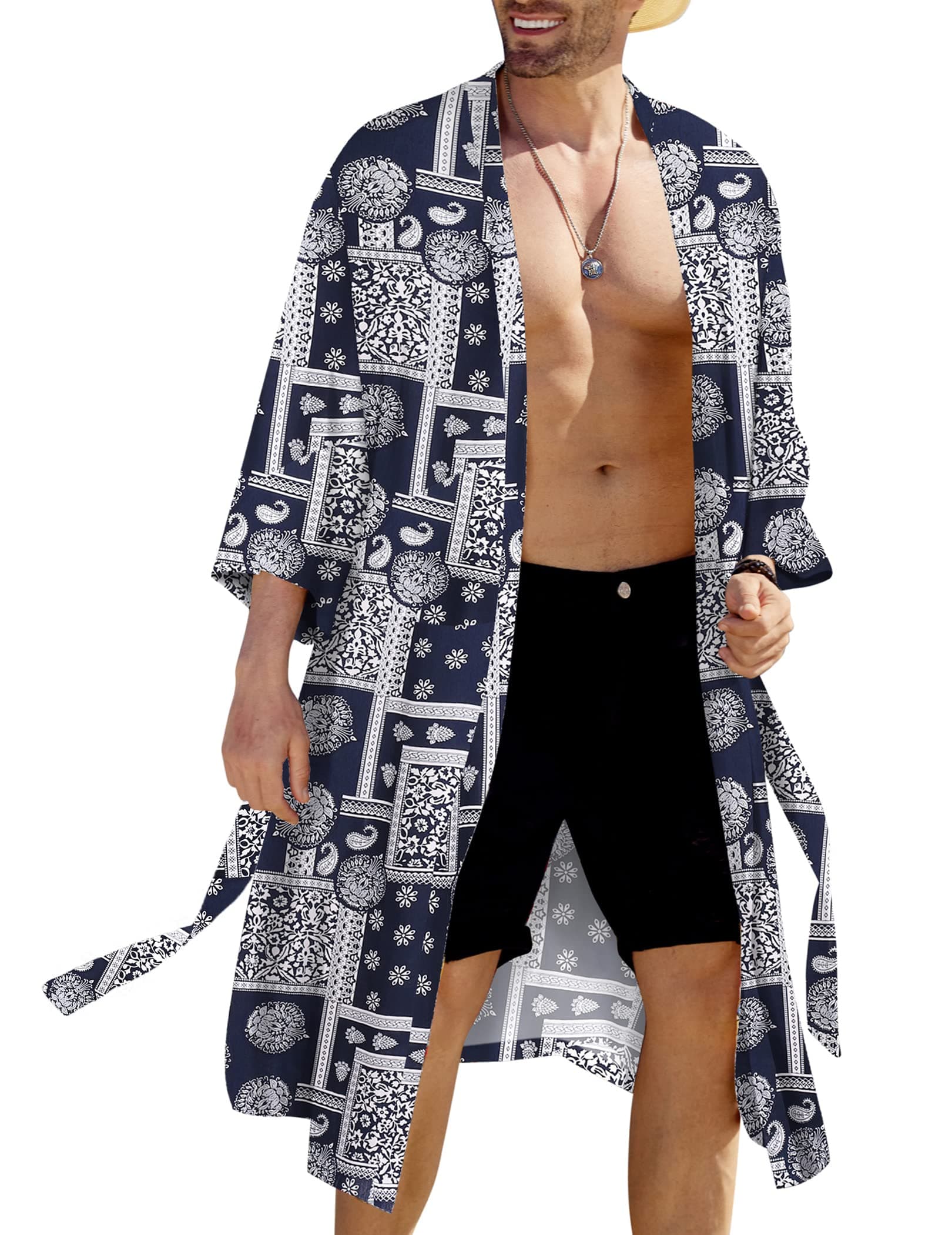 Men's Lightweight Kimono Robe Japanese Bathrobes Open Front Long Cardigan Cloak with Belt