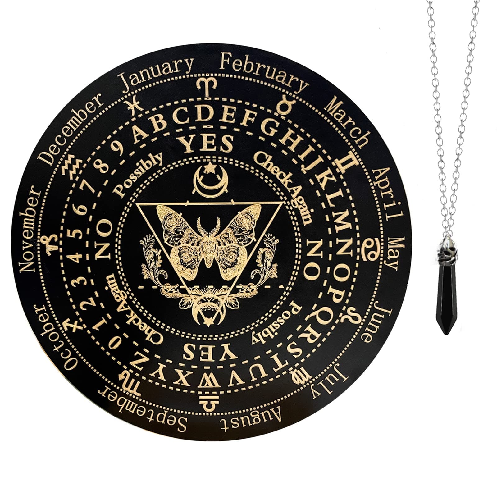 Golgner 9.8in Butterfly Wooden Pendulum Board Dowsing Divination with Crystal Dowsing Pendulum Necklace, Metaphysical Message Board, Wooden Carven Board, Witchcraft Wiccan Altar Supplies Kit