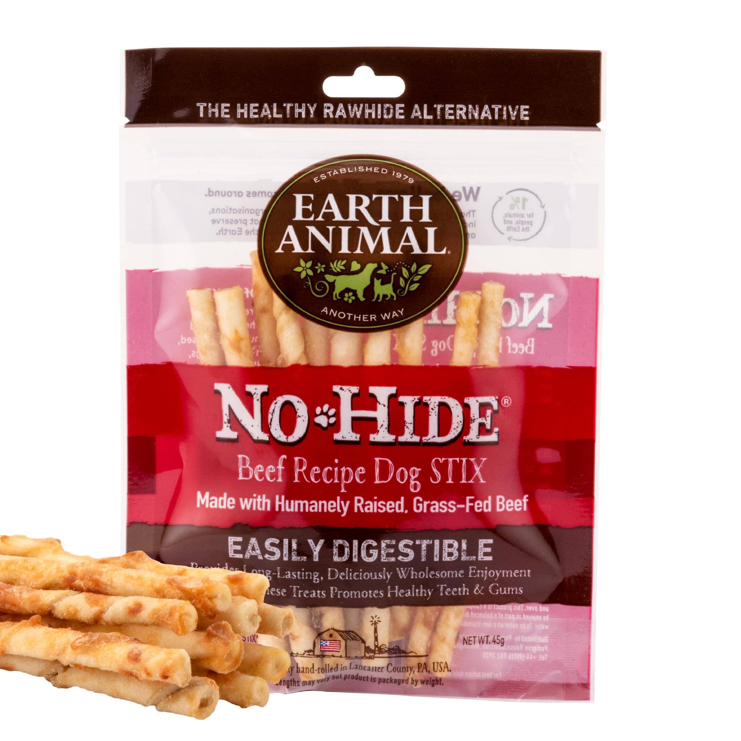 Earth Animal No Hide Dog Chews Natural Long Lasting Dental Sticks for Small Dogs Training Treat Gift - Beef, Stix, 10 Pack (45g)