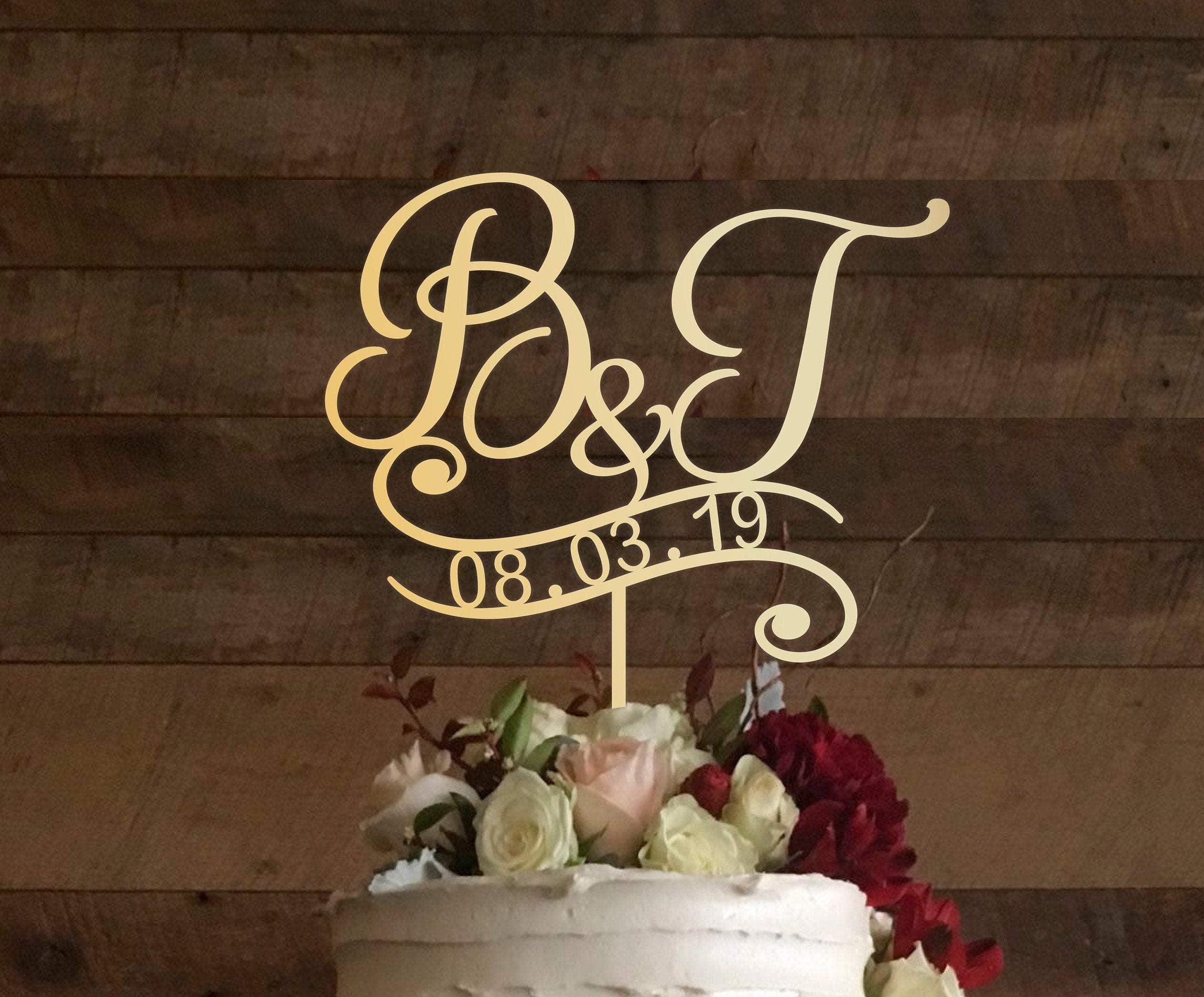 B & J Cake Topper, Wedding Cake Toppers, Cake Toppers For Wedding, Rustic Cake Topper, Initials Cake Topper, Monogram Cake, Gold Cake Decoration Cake Decorating