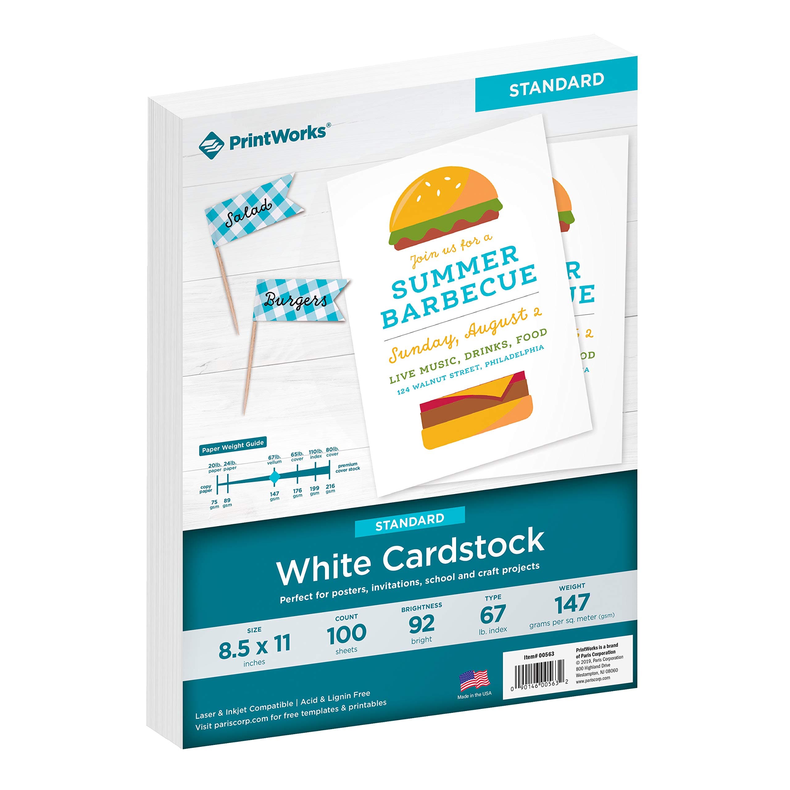 Printworks White Cardstock, Standard, 67 lb. Vellum, 92 Bright, 100 sheets, 8.5 x 11, For Office, Home & School Printing, Craft Projects (00563)