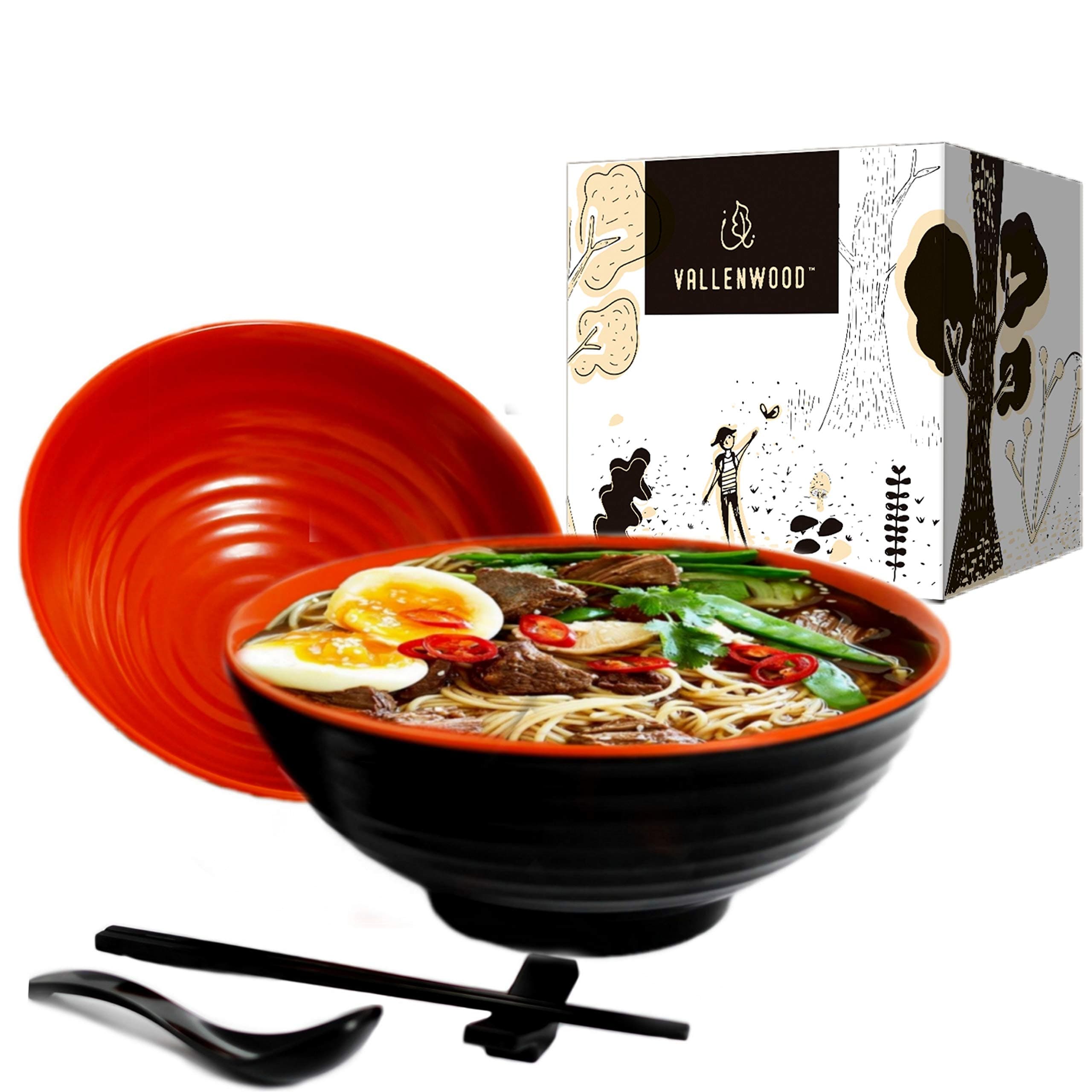VALLENWOOD2 Ramen Bowl Sets. 8 pieces, Melamine Large Noodle Bowls Set . Asian, Chinese, Japanese or Pho Soup 37oz. With Spoons, Chopsticks and Stands. Complete Dinnerware. Thai Miso Udon wonton.