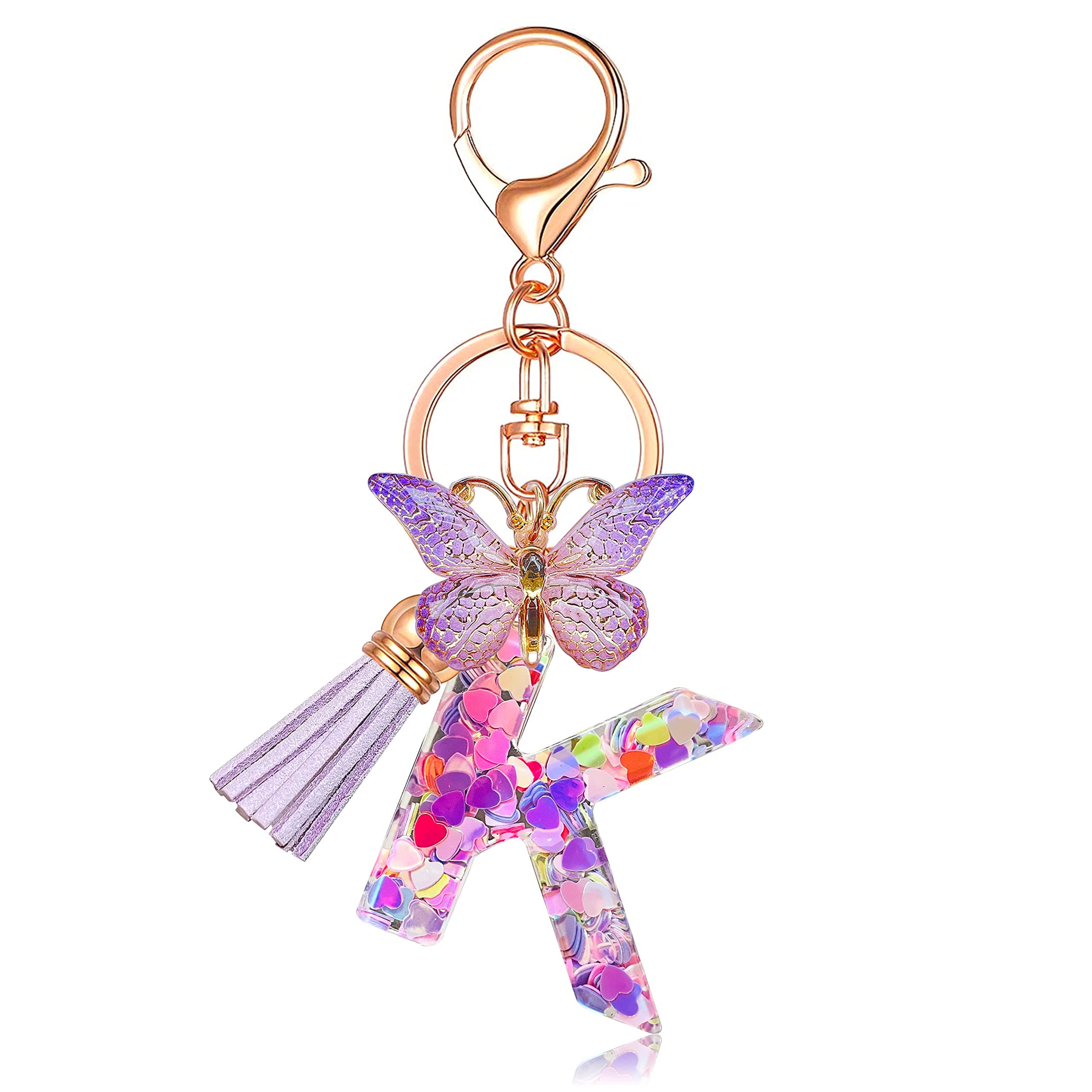 Initial letter Keychains for Women Tassel Butterfly Pink Purple Cute Car Keychain for Wallet Backpack bag charm