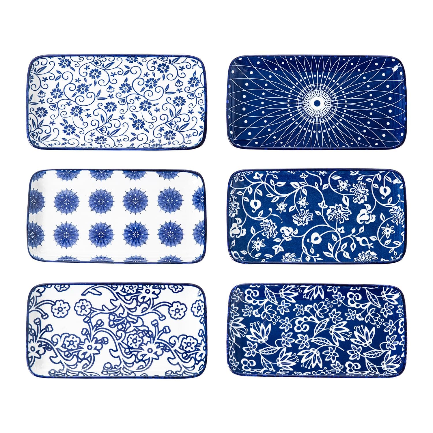 Ceramic Rectangle Salad Plates Set - 8.1" x 4.5" Rectangular Serving Platter - Serving Trays for Sushi Dinner Dessert Pasta Appetizer - Oven Microwave Dishwasher Safe - Set of 6 - Vintage Blue