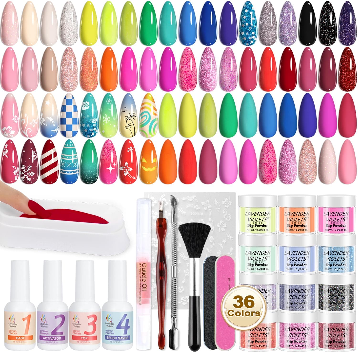 Lavender Violets48 Pcs Dip Powder Nail Kit Starter, 36 Colors Dipping Powder with Liquid Set and Dips Manicure Tools for Acrylic Dip Nail Art Designs B950