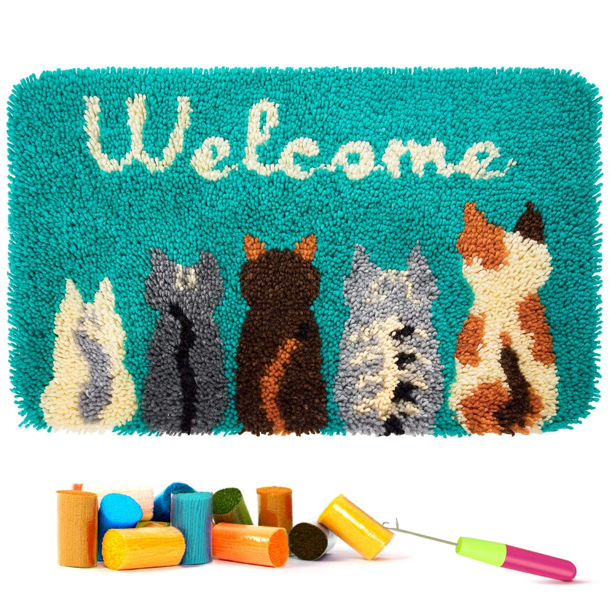 clubevy Tapestry Kits Latch Hook Rug Kits Carpet Embroidery Latch Hook Rug Needlework DIY Adult Craft Kit, Five Cats