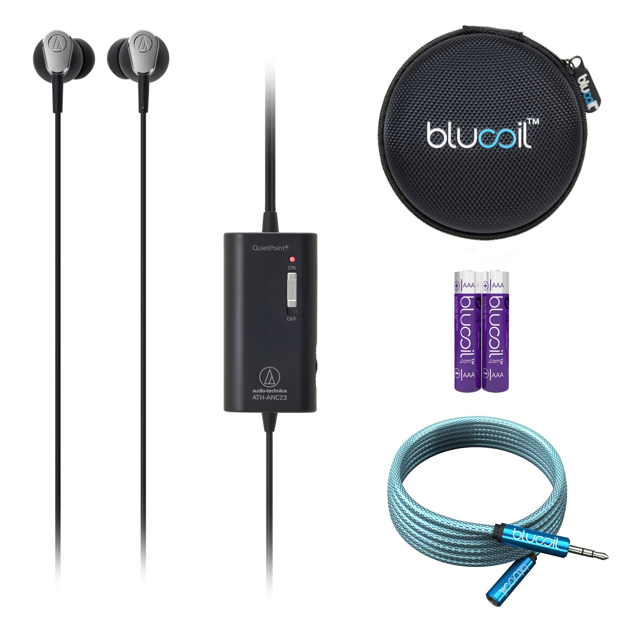Audio-Technica ATH-ANC23BK QuietPoint Active Noise Cancelling in-Ear Headphones, Black -Includes- Blucoil 6-Ft Earphones Extension Cable, Portable Earbud Hard Case and 2-Pack of AAA Batteries
