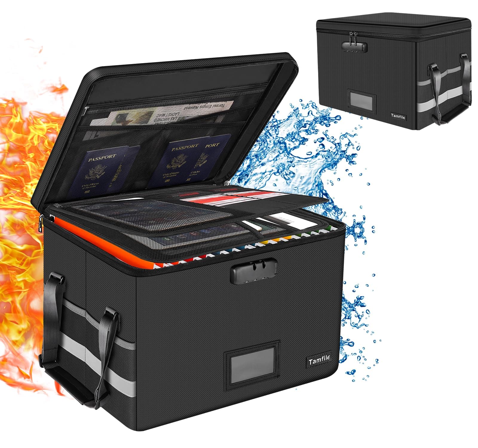 Tamfile Fireproof Document Box, Fireproof File Box with Lock, Ease of Assembly, Water Resistant File Storage Organizer for Hanging Letter/Legal Folder, Collapsible Portable Filing Box for Home Office