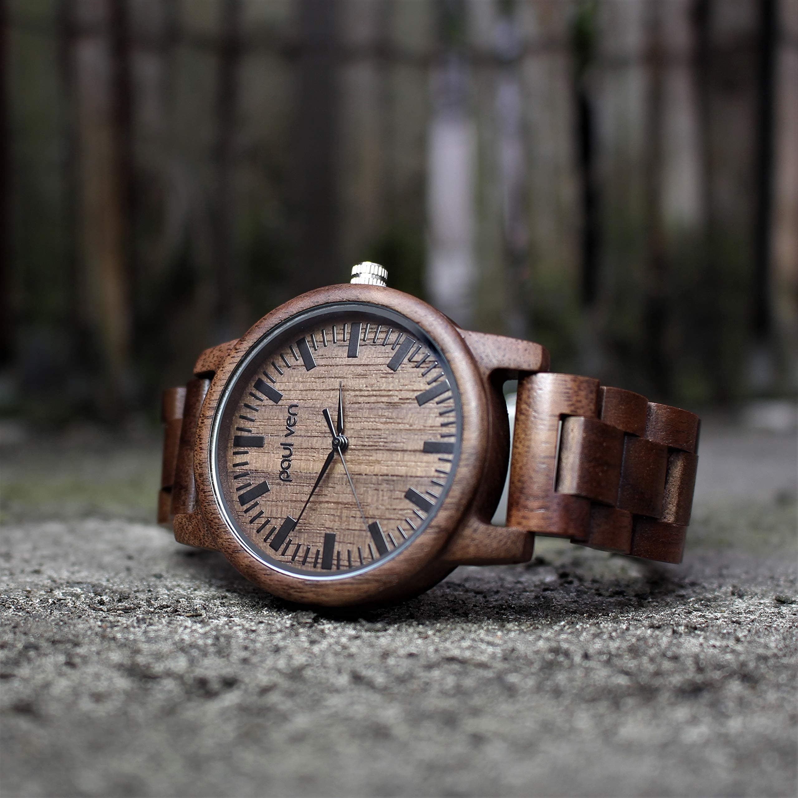 Engraved Wood Watch Paul Ven Liberty Original, with wooden and leather straps and wooden watch box