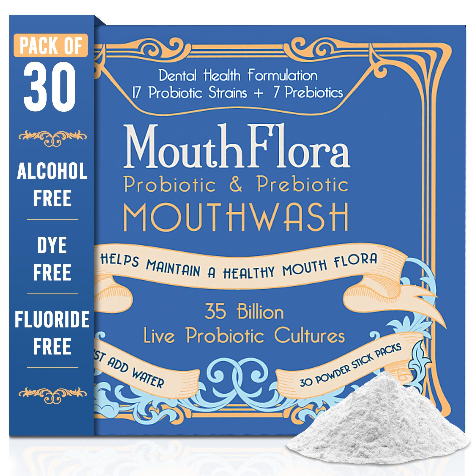 Probiotic & Prebiotic Mouthwash | Dental Health Formulation | 17 Probiotic Strains + 7 Prebiotics | 35 Billion CFUs | Concentrated Powder Formulation | 30 Pack