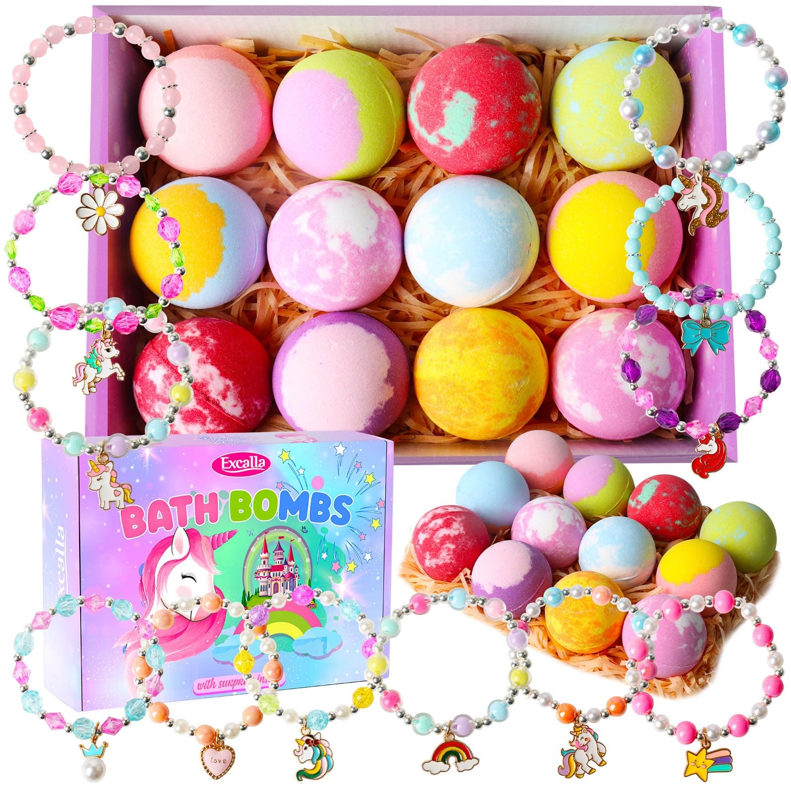 Unicorn Bath Bombs for Kids Girls with Toys Surprise Jewelry Inside, 12pcs Kids Bath Bombs Gift Set, Handmade Bubble Bath Fizzes Bomb for Birthday Christmas Easter Present