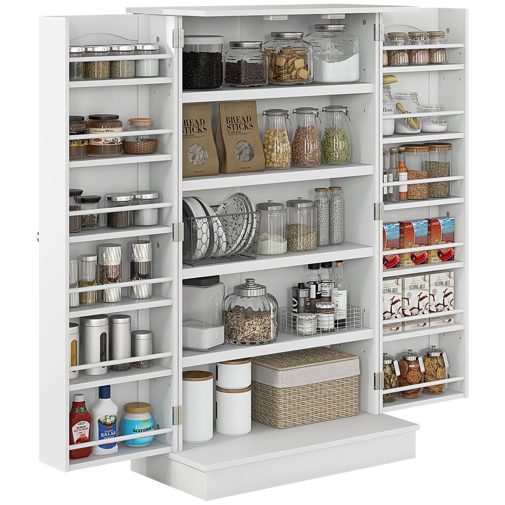 HOMCOM 41" Freestanding Storage Cabinet, Freestanding Kitchen Cabinet with 12 Shelves, Double Doors, 5 Tier Shelves and Adjustable Shelves, White Paper