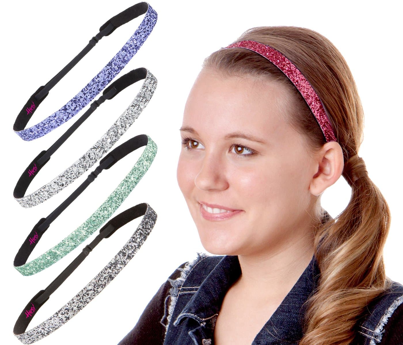 Hipsy Women's Headband Adjustable Glitter 5pk Purple, Silver, Seafoam, Gunmetal, Pink