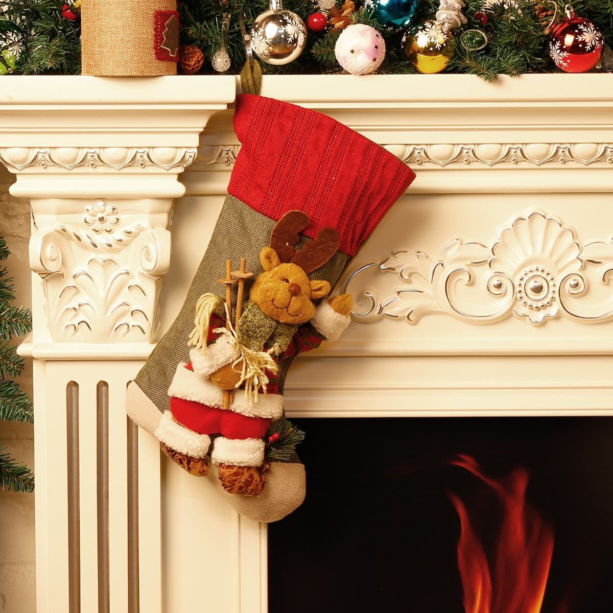 Classic Festive Decor Christmas Stockings 3D Cute Cartoon Reindeer Stocking (18")