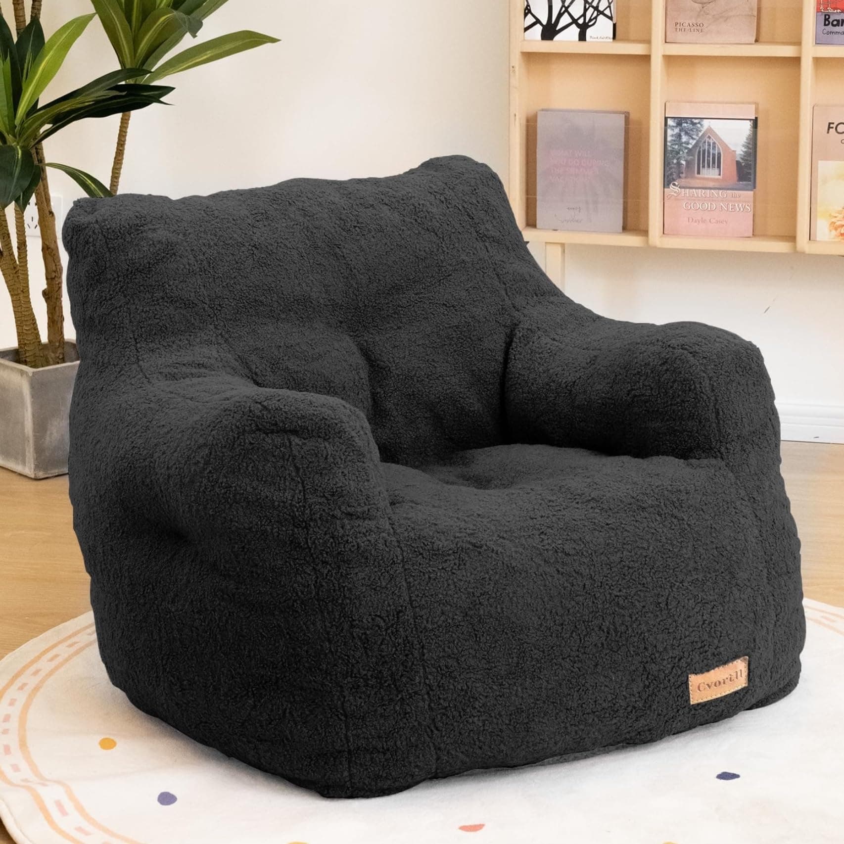 Bean Bag Chair with Filler, Bean Bag Sofa with Tufted Soft Stuffed Filling, Fluffy and Lazy Sofa, Comfy Cozy BeanBag Chairs with Memory Foam for Dorm, Apartment, Living Room (Black)