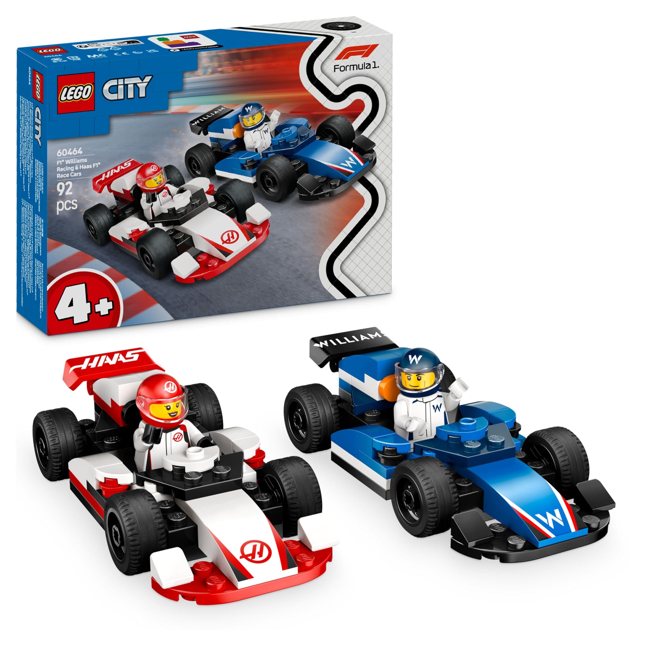City F1 Williams Racing & Haas F1 Race Cars - Toy Formula 1 Building Models with 2 Driver Minifigures & Start Lights - Small Gift Idea for 4+ Year Old Toddlers, Boys & Girls - 60464