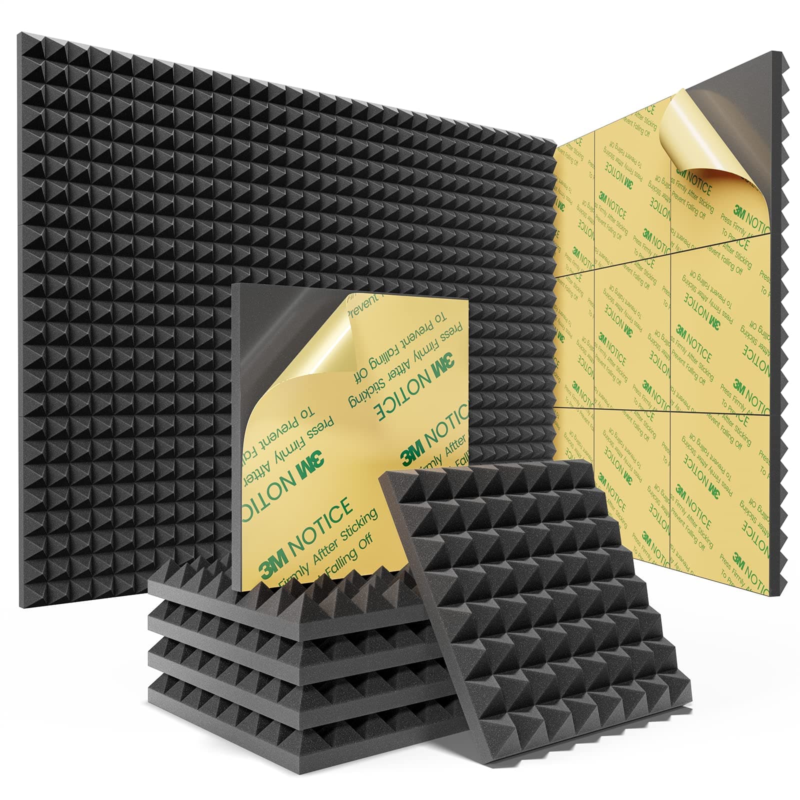 Sonicism 12 Pack Pyramid Sound Proof Foam Panels with Self-Adhesive, 12" X 12" X 1" Acoustic Foam Panels of High Density, Soundproof Wall Panels Fast Expand, Sound Absorption and Decoration (Black)