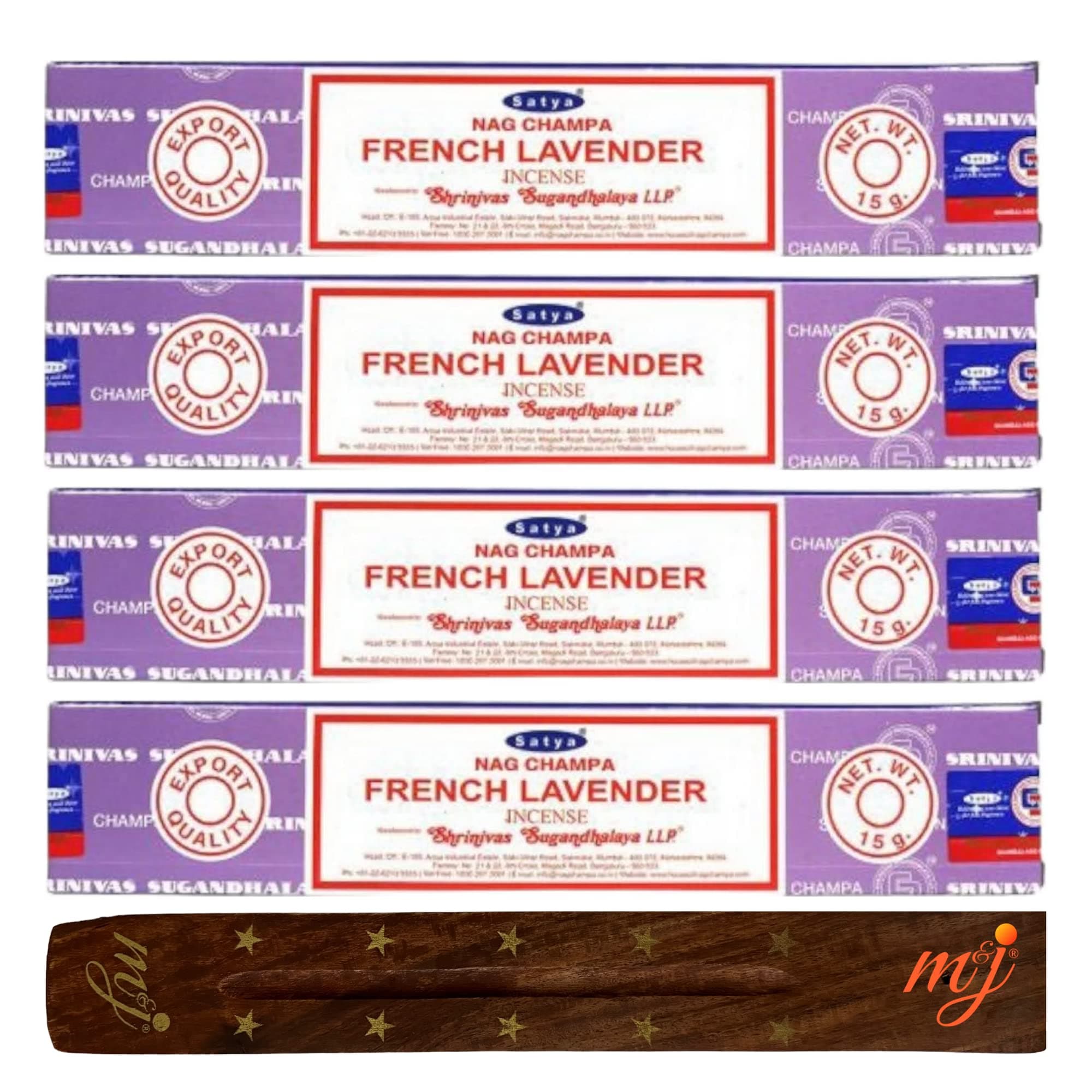 Original Satya Nag Champa French Lavender Incense Sticks | with M&J incense sticks holder | x4 pack | for Aromatherapy, Spa, Yoga, Weddings, Meditation, Healing, Positivity and Relaxation