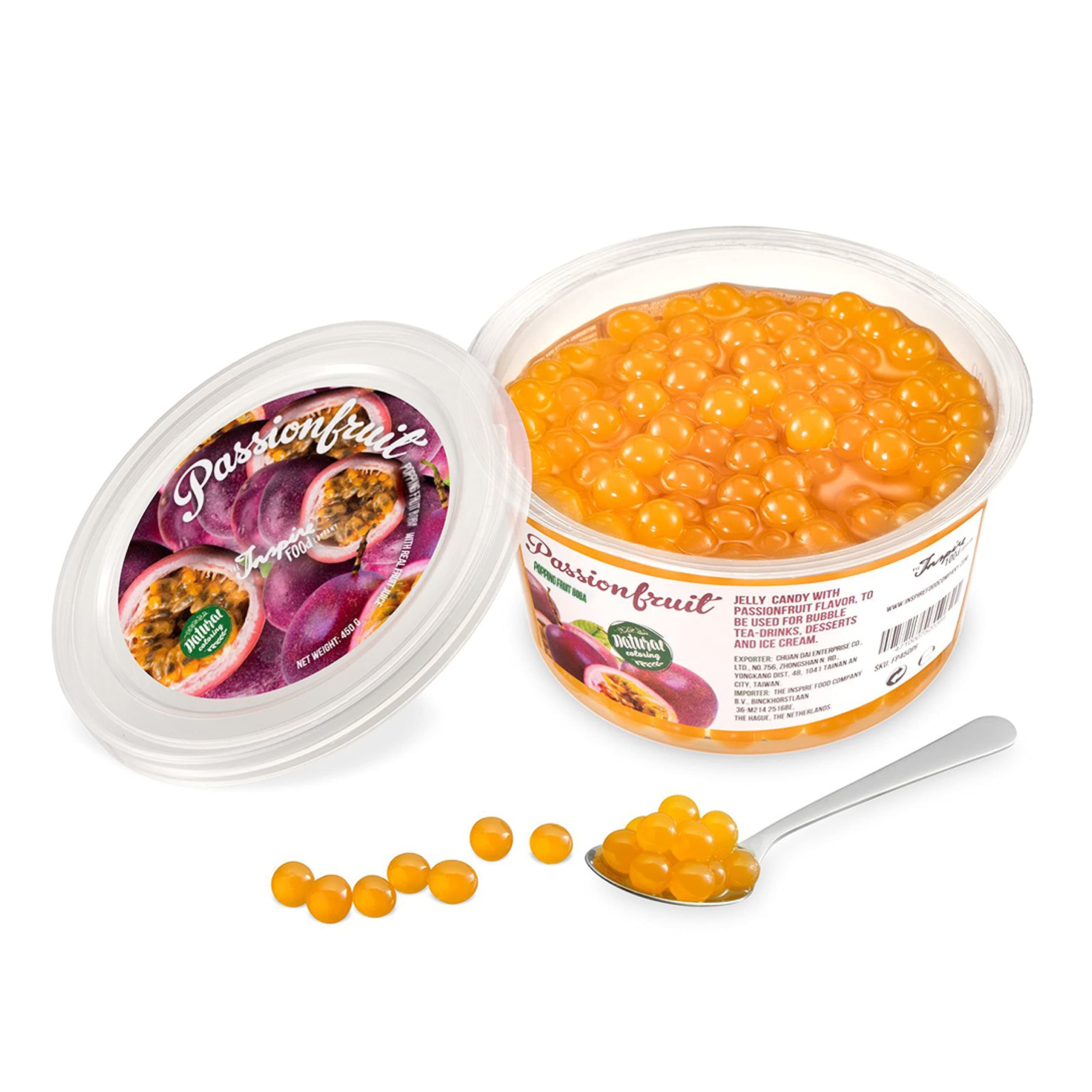 INSPIRE FOOD Popping Boba Pearls for Bubble Tea | PASSION FRUIT | 1 lb | 100% Vegan & Gluten Free Bursting Pearls | Lower Sugar & Real Fruit Juice for Teas, Shakes, Dessert, Smoothies