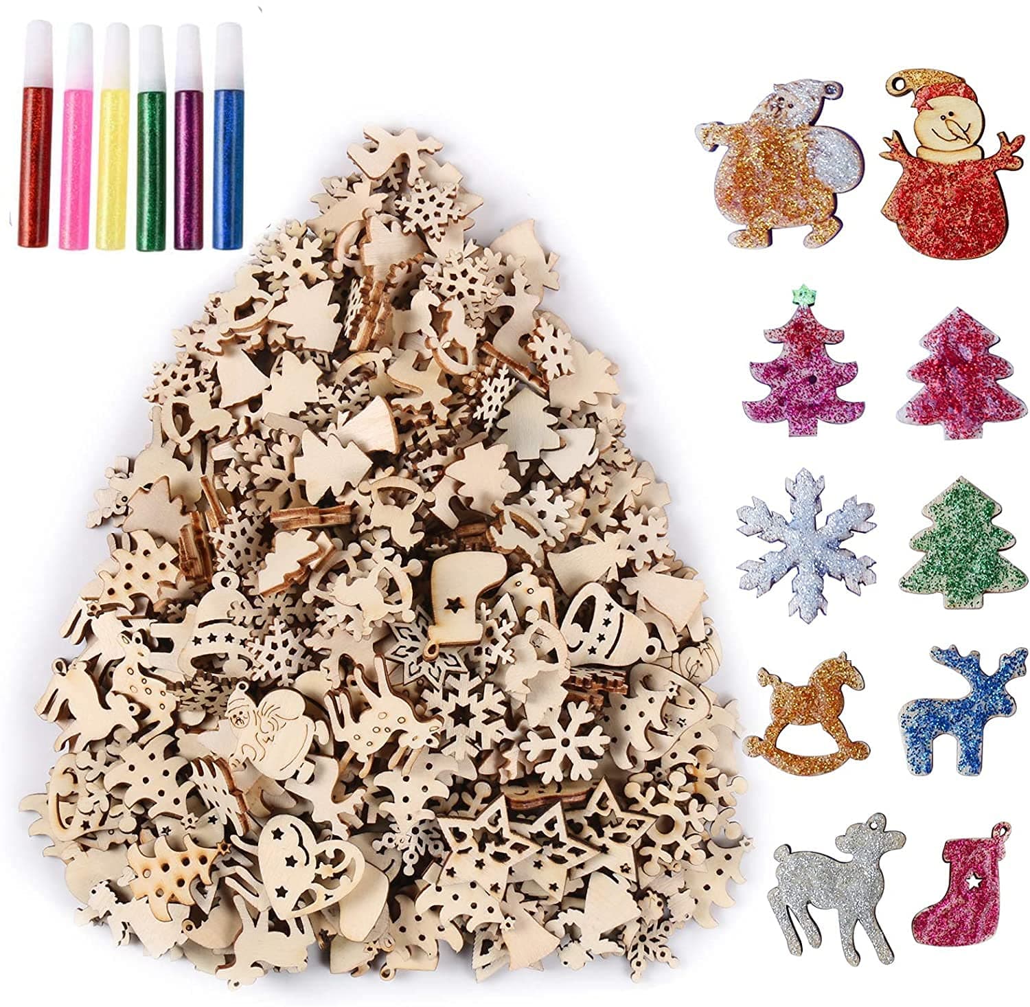 450 Pieces Unfinished Wood Christmas Ornaments, Aweyka Wooden Slices Different Shapes Handmade Christmas Series Embellishments with 6 Colors Pigment for Christmas Decoration, DIY Craft and Card Making