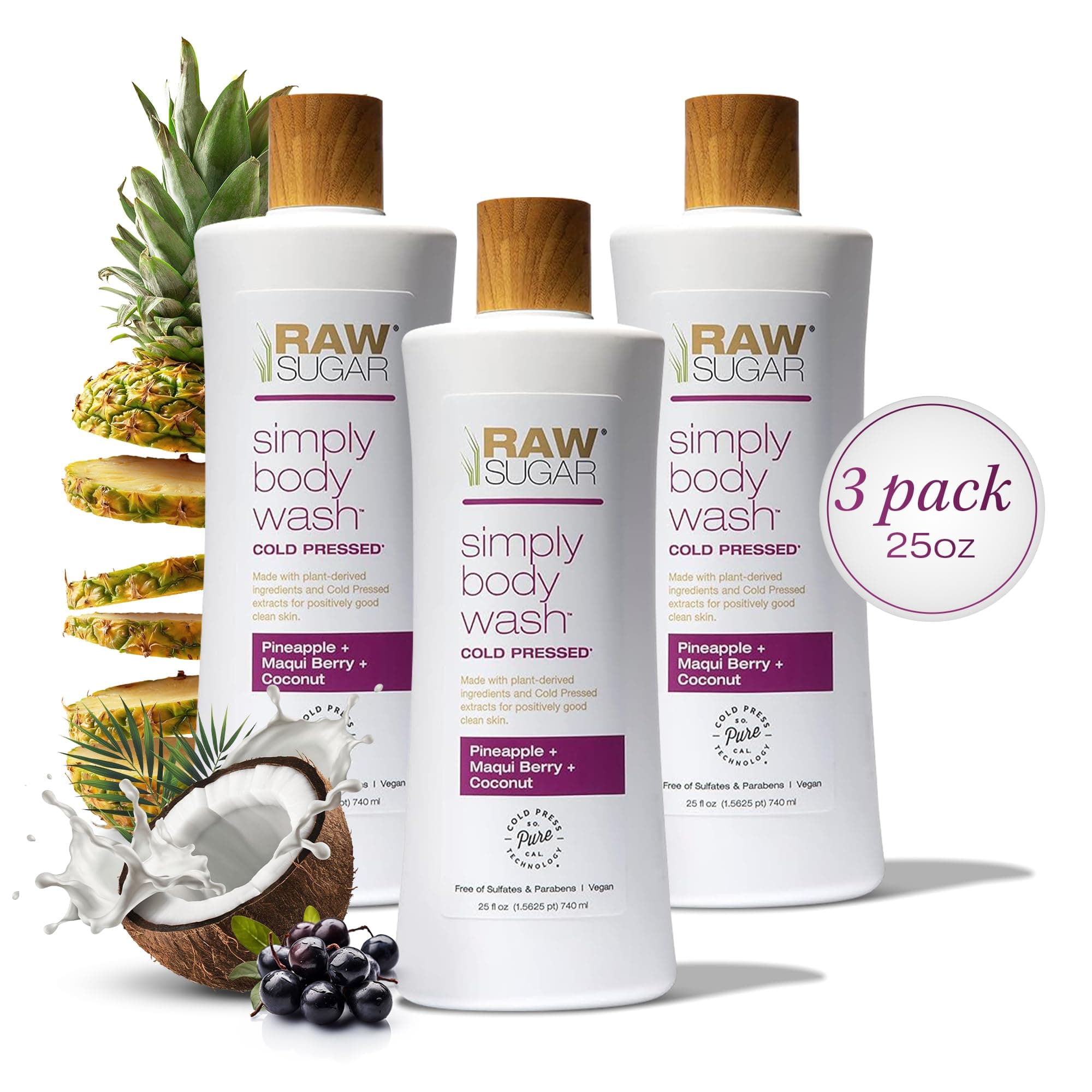 RAW SUGAR Pineapple Maqui Berry Reviver Gentle & Hydrating Body Wash, 20 Fl Oz (Pack of 3), Moisturizing & Smoothing Bath & Shower Gel, Vegan, Formulated without SLS/SLES & Parabens