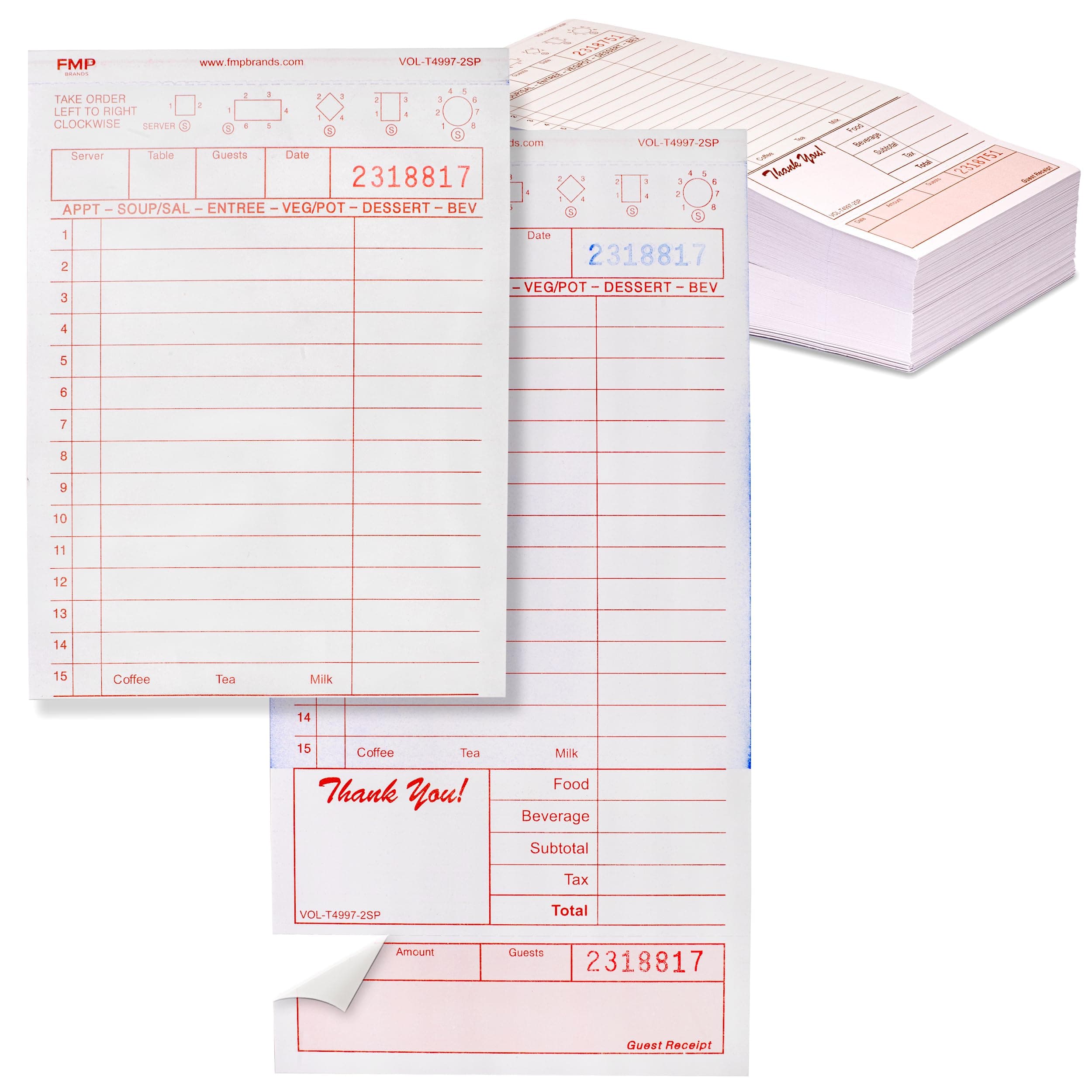 FMP Brands 2 Part Carbonless Guest Checks Pads, Perforated Server Note Pads Paper Total 250 Sheets for Waitress Book, Waiter Food Receipt, and Business Checkbook with Guest Receipt