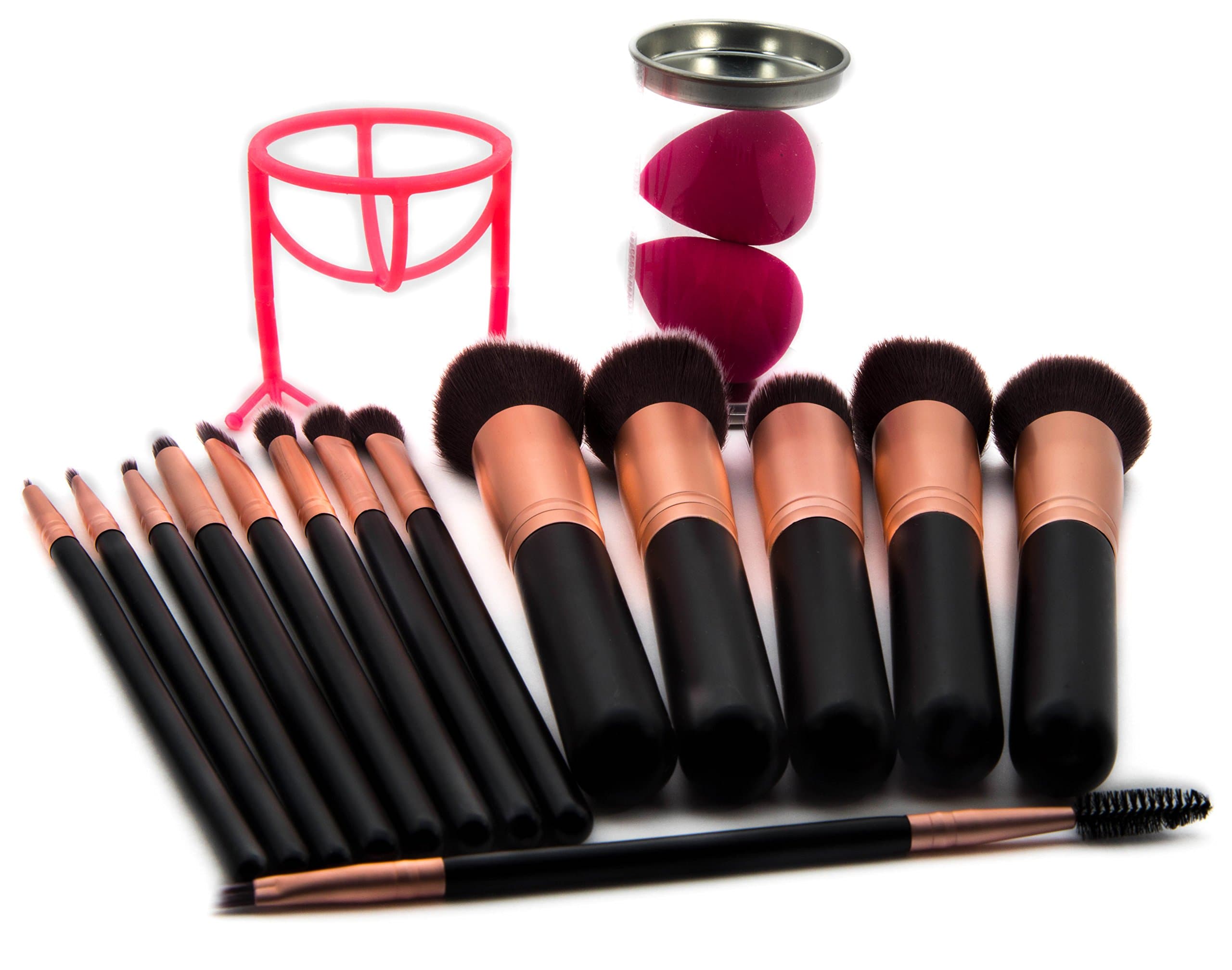Imagin1 Ultra Premium 14 Pc. Synthetic Makeup Brush Set Foundation Powder, Concealers. Eye Shadow (Rose Gold) Earth Friendly. Includes 2 Makeup Blending Sponges with Holder (Pink Sponge Set)