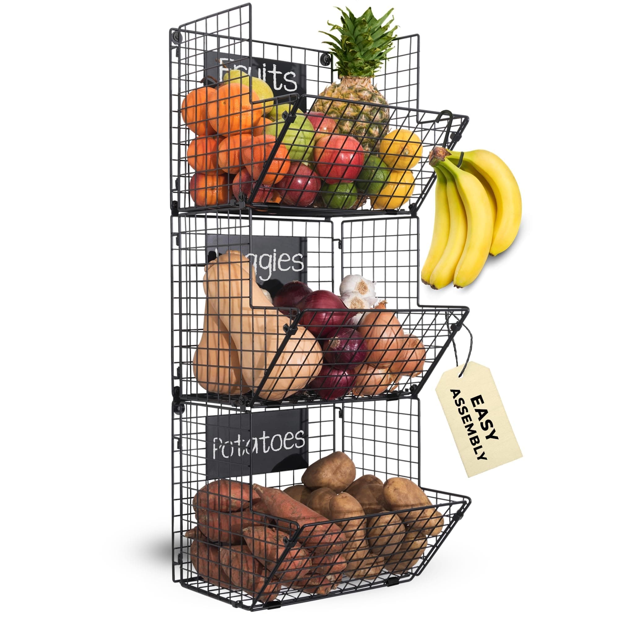 Premium 3-Tier Wall Mounted Hanging Wire Baskets with Chalkboards - High-Grade Black Iron - Fruit or Produce Storage - Pantry Organization - Rustic Country-Style