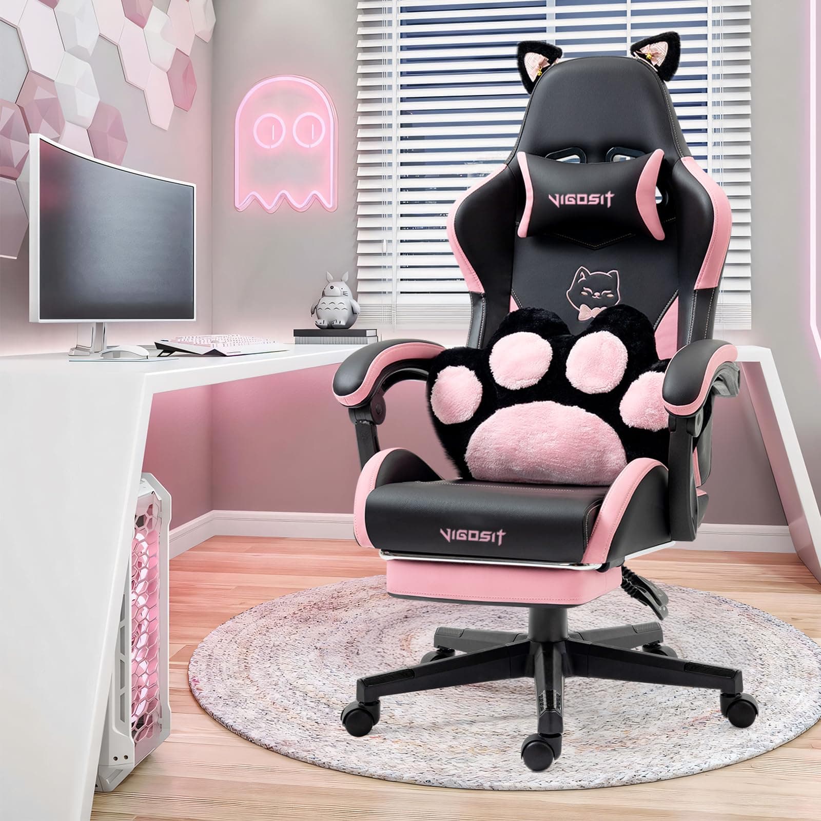 Cat Ears Gaming Chair with 310lbs Capacity - PU Leather Ergonomic Reclining Office Chair, Adjustable Lumbar Support, 360° Swivel for Gamers Adults Kids, Black with Pink Accents